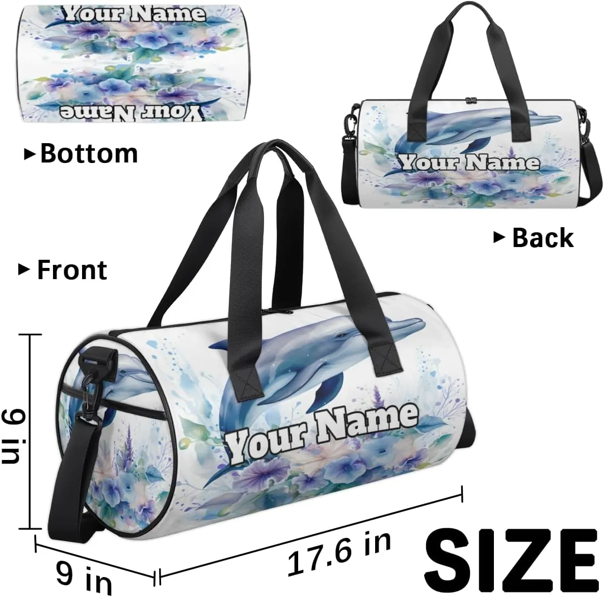 Personalized Cute Dolphin Sport Gym Bag, Custom Name Duffel Bags for Men, Waterproof Custom Sport Duffel Bag, Gymnastics Dance, Dolphin