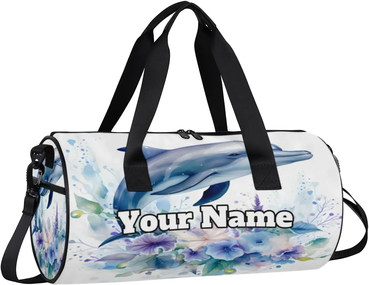 Personalized Cute Dolphin Sport Gym Bag, Custom Name Duffel Bags for Men, Waterproof Custom Sport Duffel Bag, Gymnastics Dance, Dolphin