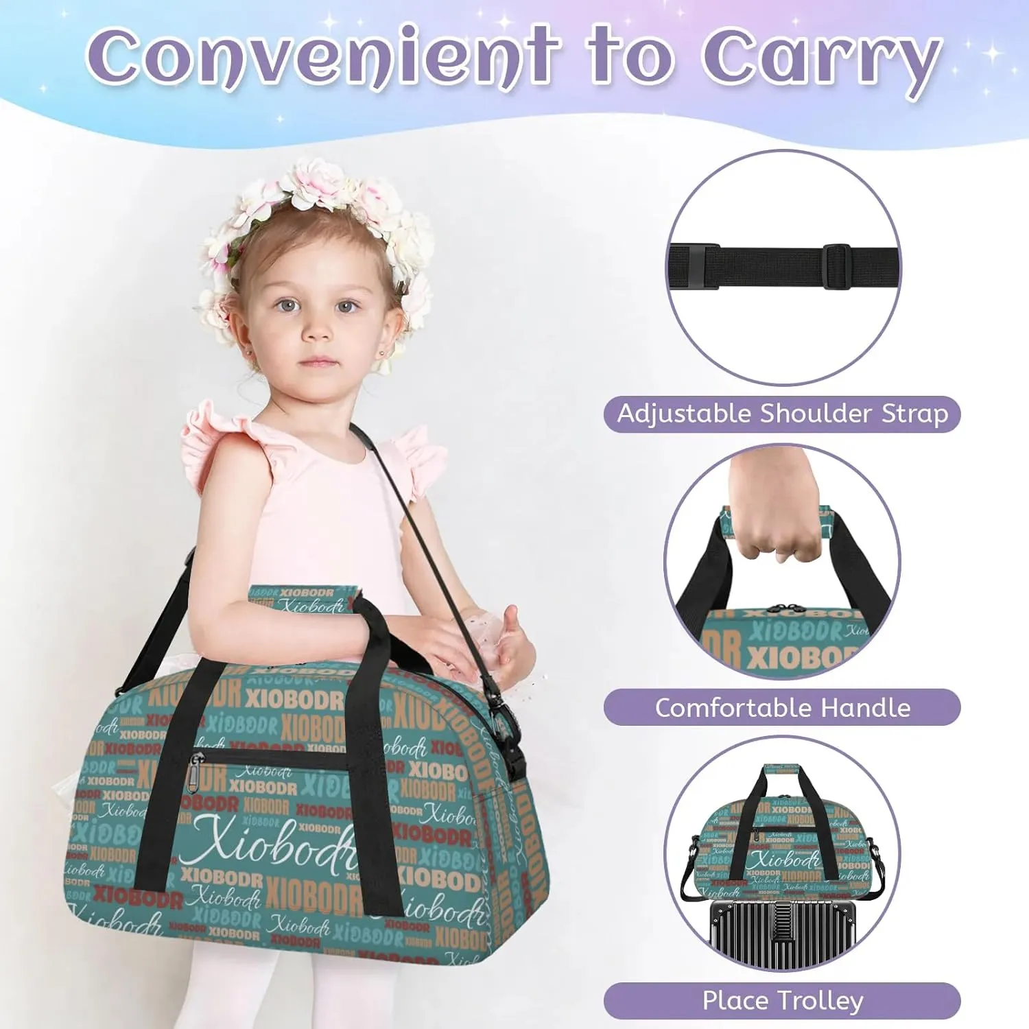Personalized Cute Duffle Bag - Custom Name Kids Sports Bag, Sleepover Bags for Girls, Lightweight Toddler Boys Overnight Bag for Weekender Travel Cheer Dance Ball Game, Dark Moderate Cyan Brown