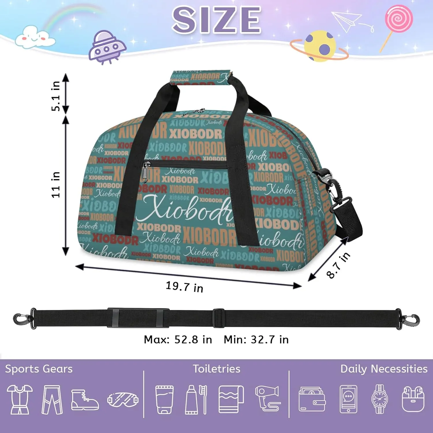 Personalized Cute Duffle Bag - Custom Name Kids Sports Bag, Sleepover Bags for Girls, Lightweight Toddler Boys Overnight Bag for Weekender Travel Cheer Dance Ball Game, Dark Moderate Cyan Brown