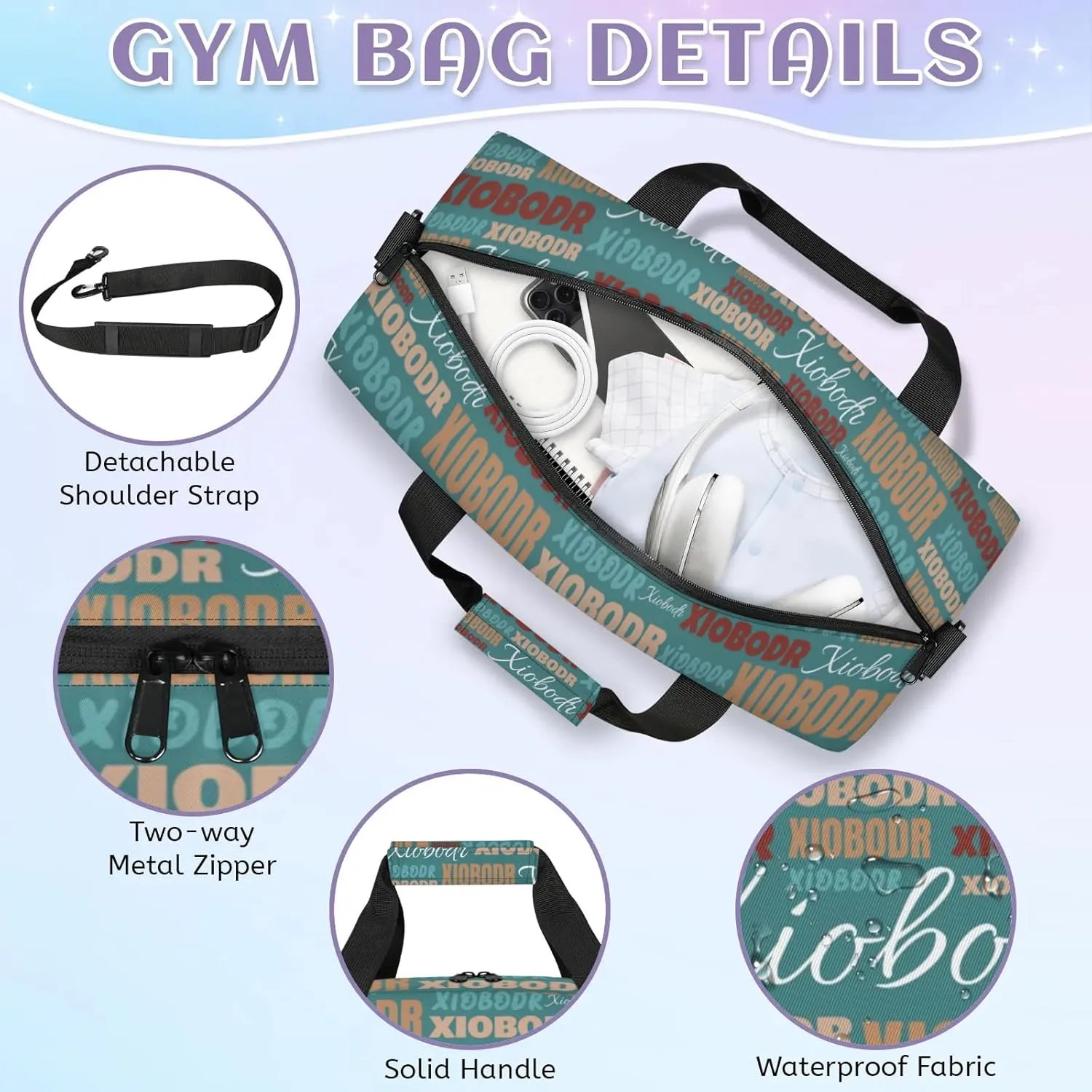 Personalized Cute Duffle Bag - Custom Name Kids Sports Bag, Sleepover Bags for Girls, Lightweight Toddler Boys Overnight Bag for Weekender Travel Cheer Dance Ball Game, Dark Moderate Cyan Brown
