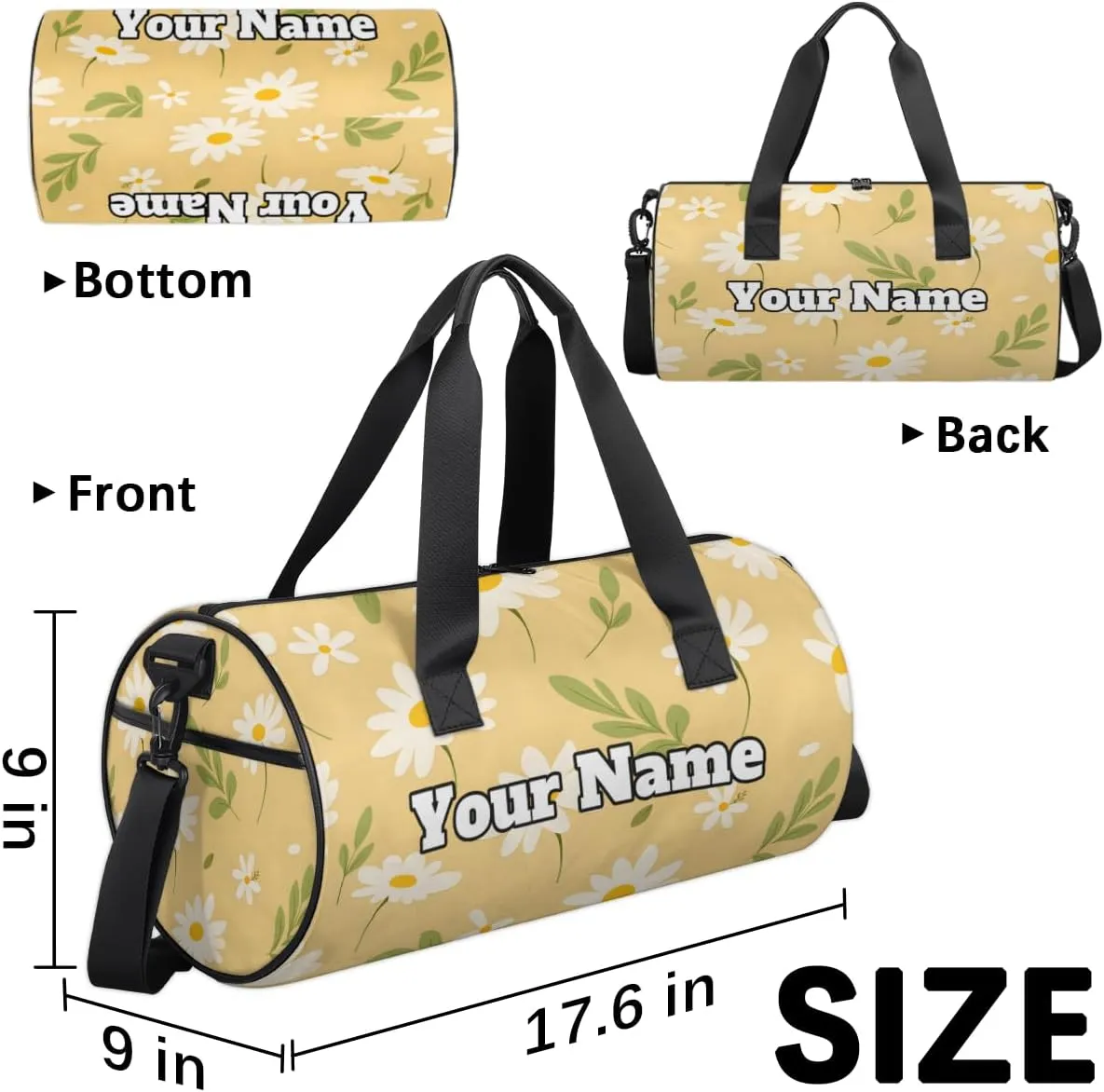 Personalized Daisy Floral Sport Gym Bag, Custom Name Duffel Bags for Men, Waterproof Custom Sport Duffel Bag, Gymnastics Dance, Flower