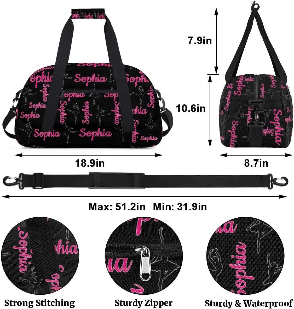 Personalized Dance Bag Ballet Sport Duffel Bag for Dancer Custom Dance Overnight Weekender Bags Black Personalized Gifts