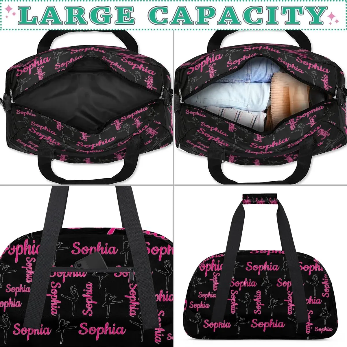 Personalized Dance Bag Ballet Sport Duffel Bag for Dancer Custom Dance Overnight Weekender Bags Black Personalized Gifts