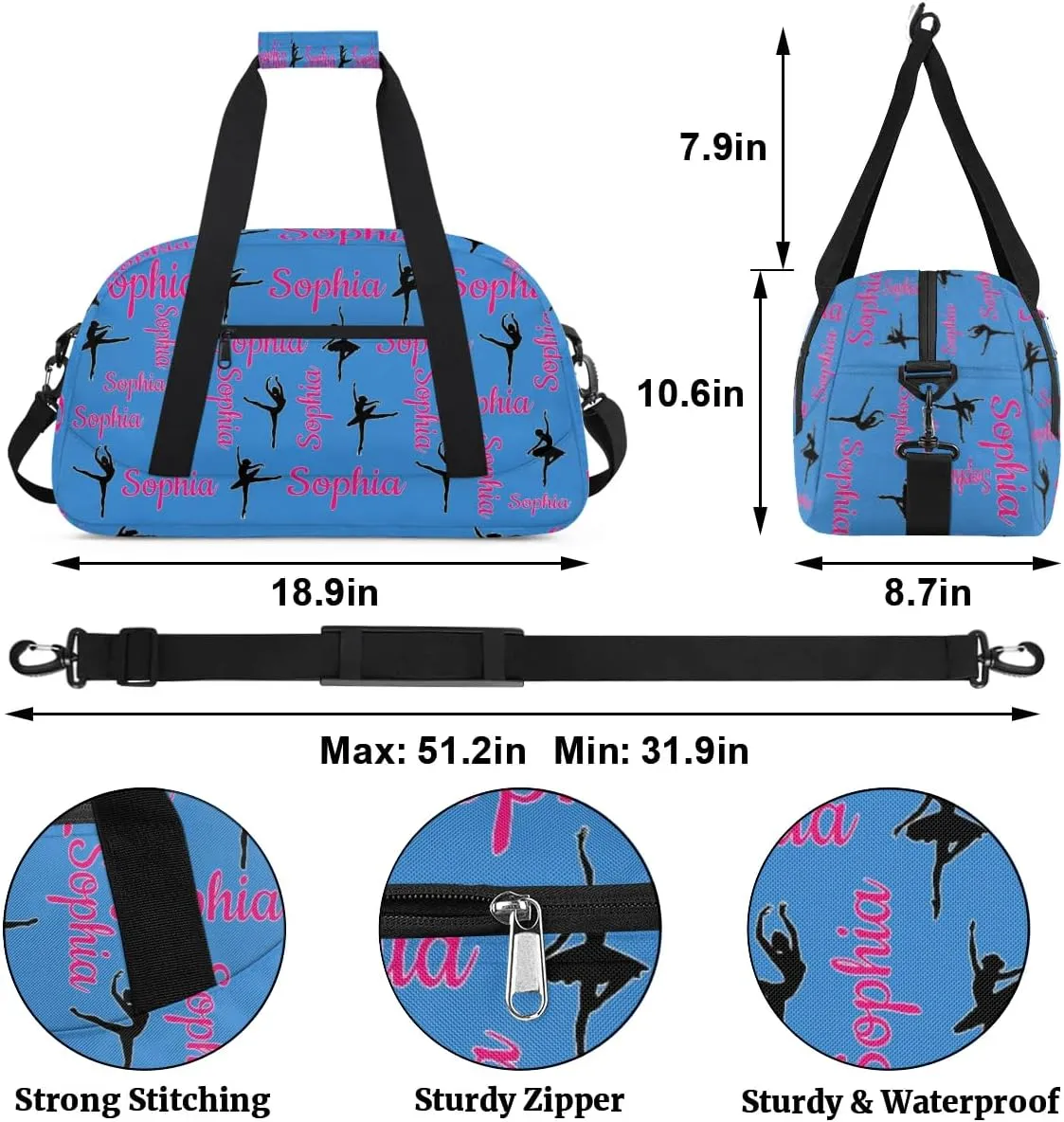 Personalized Dance Bag Ballet Sport Duffel Bag for Dancer Custom Dance Overnight Weekender Bags Blue Personalized Gifts