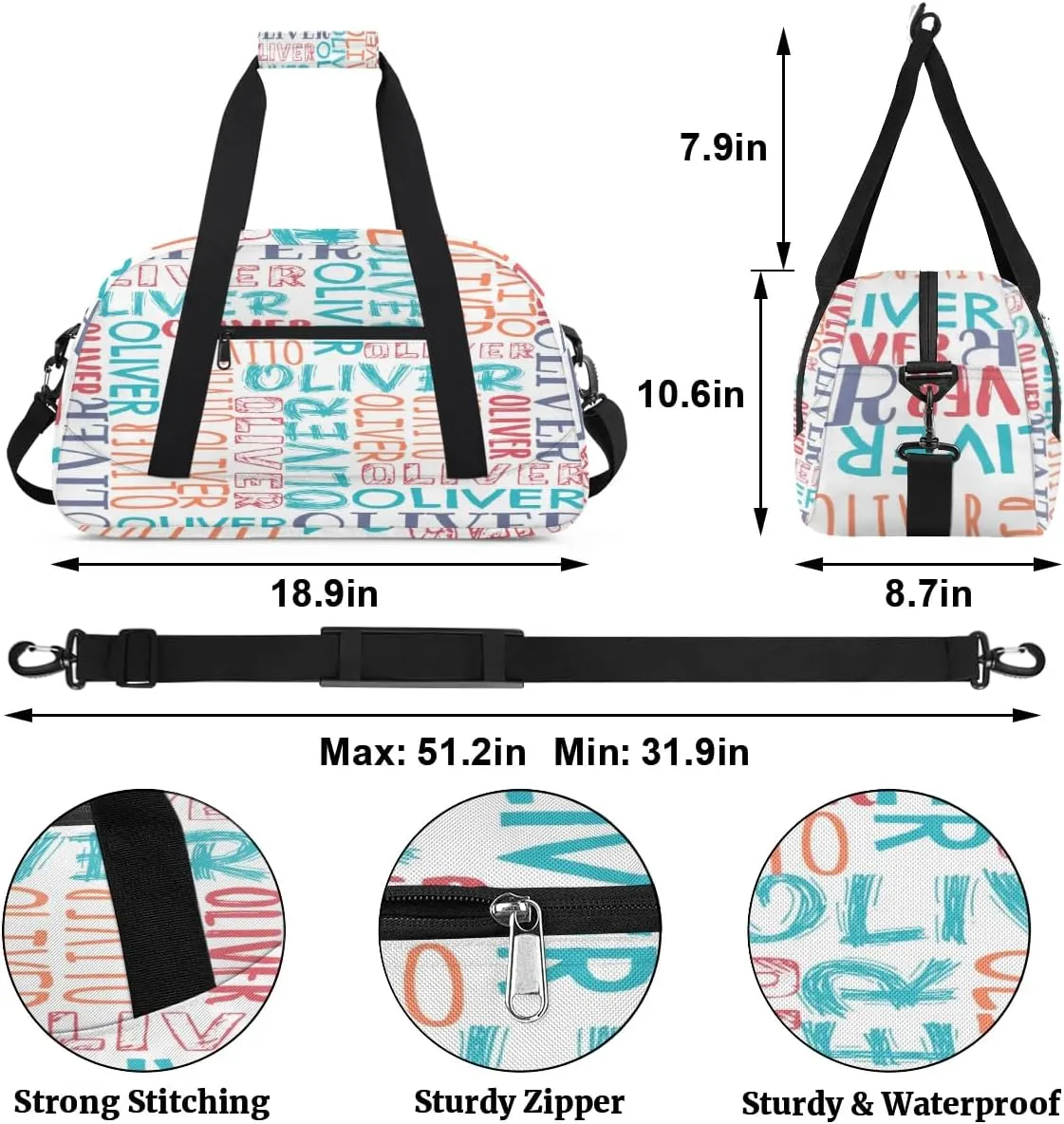 Personalized Dance Bag Duffel Bag for Girl, Custom Sport Gym Bag for Boy, Ballet Bag Weekender Bags Travel Duffel Bag Gift for Kids Blue Orange Green Text