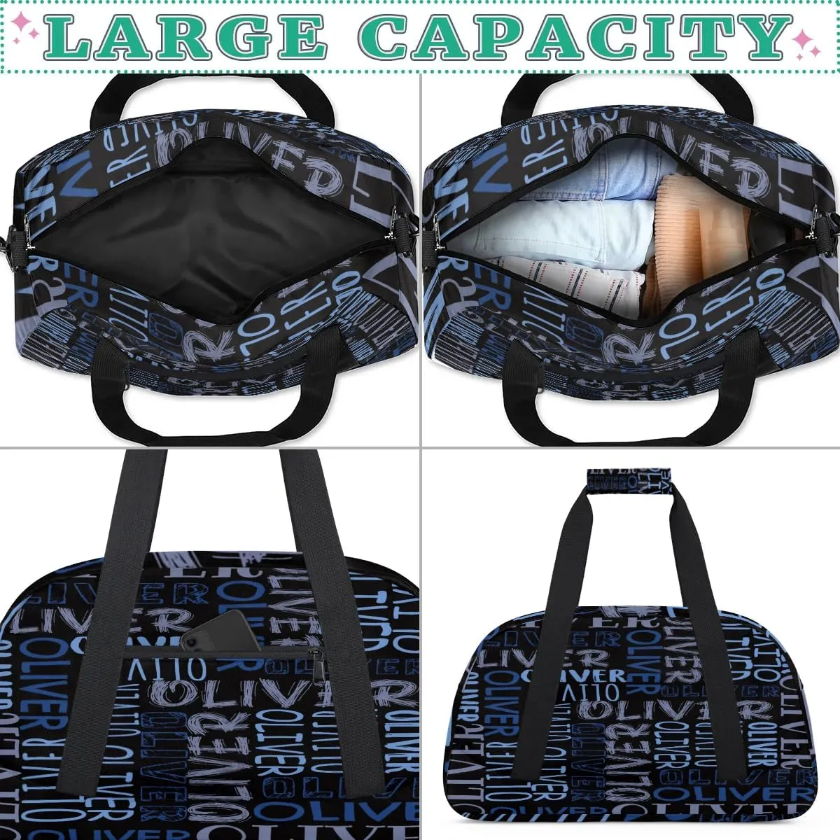 Personalized Dance Bag Duffel Bag for Girl, Custom Sport Gym Bag for Boy, Ballet Bag Weekender Bags Travel Duffel Bag Gift for Kids Blue Text Name