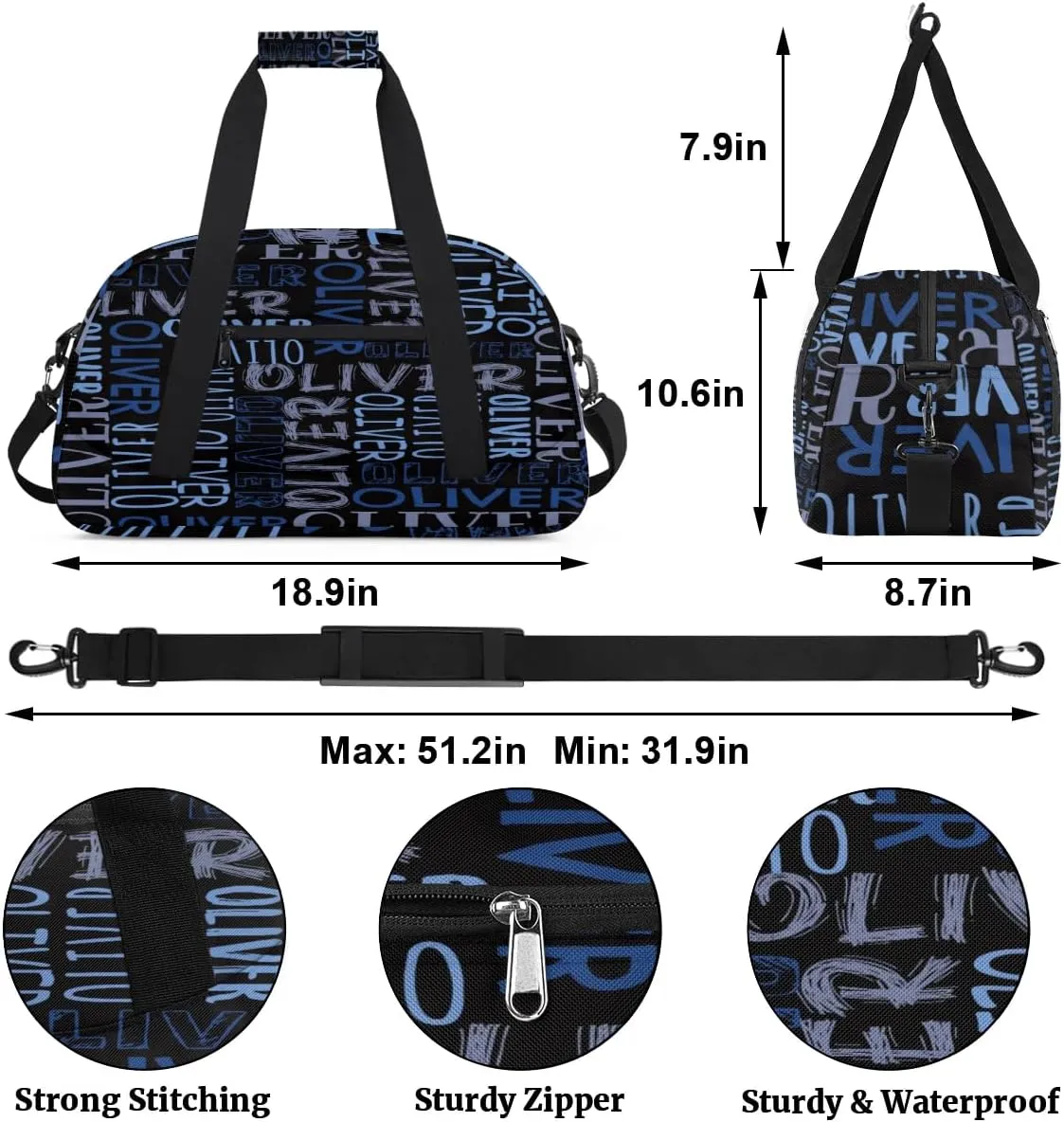Personalized Dance Bag Duffel Bag for Girl, Custom Sport Gym Bag for Boy, Ballet Bag Weekender Bags Travel Duffel Bag Gift for Kids Blue Text Name