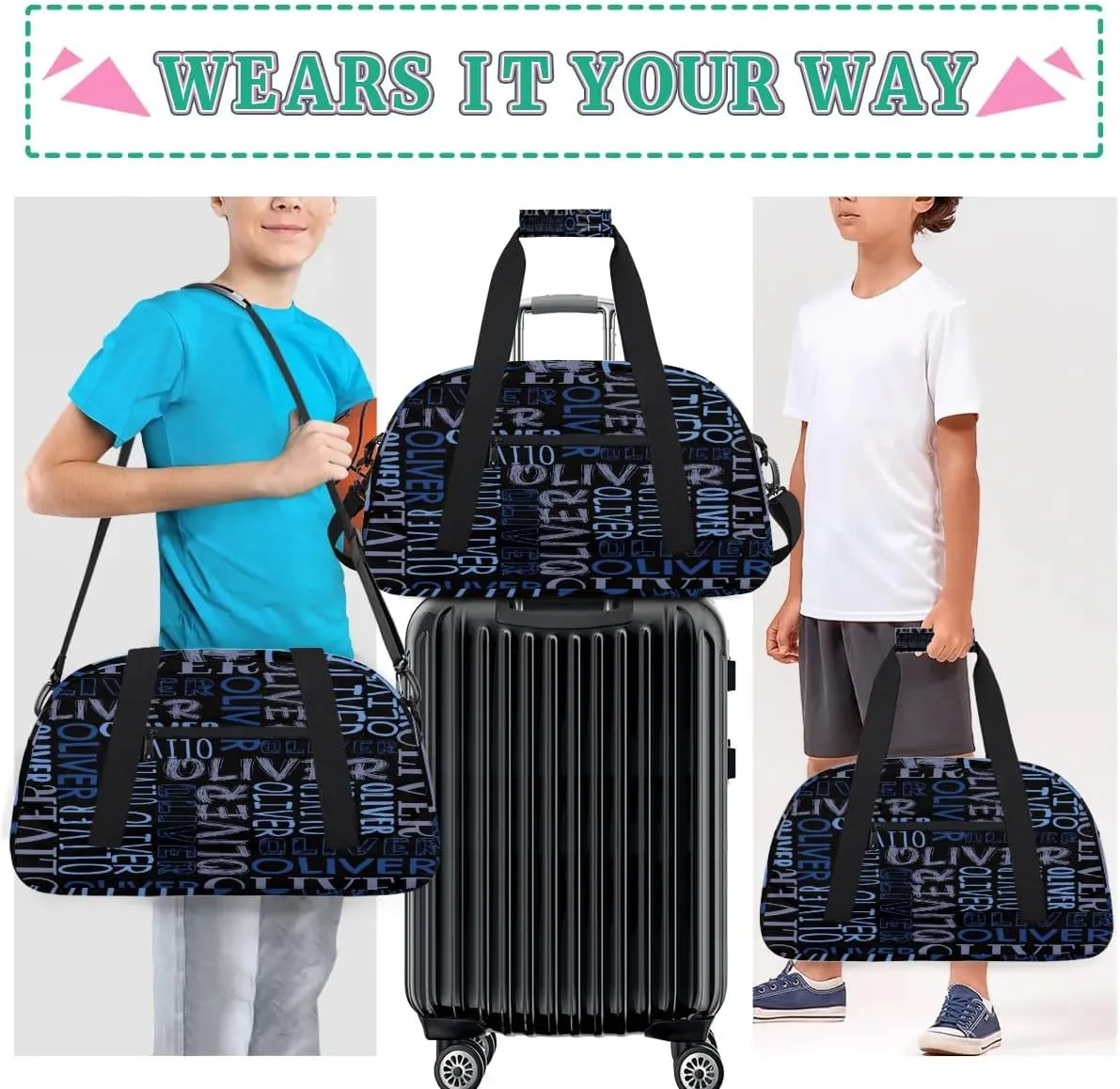 Personalized Dance Bag Duffel Bag for Girl, Custom Sport Gym Bag for Boy, Ballet Bag Weekender Bags Travel Duffel Bag Gift for Kids Blue Text Name