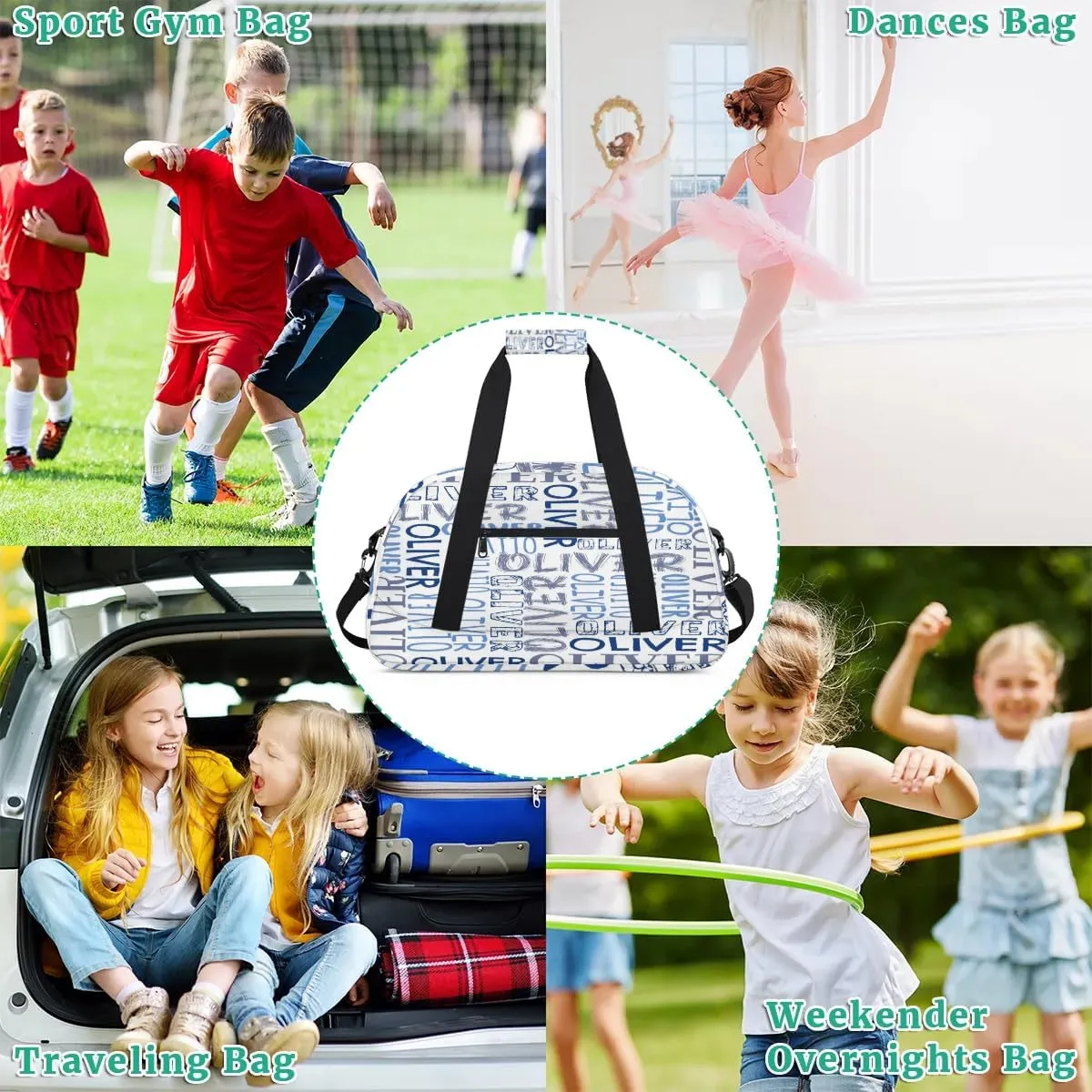 Personalized Dance Bag Duffel Bag for Girl, Custom Sport Gym Bag for Boy, Ballet Bag Weekender Bags Travel Duffel Bag Gift for Kids Blue Text White