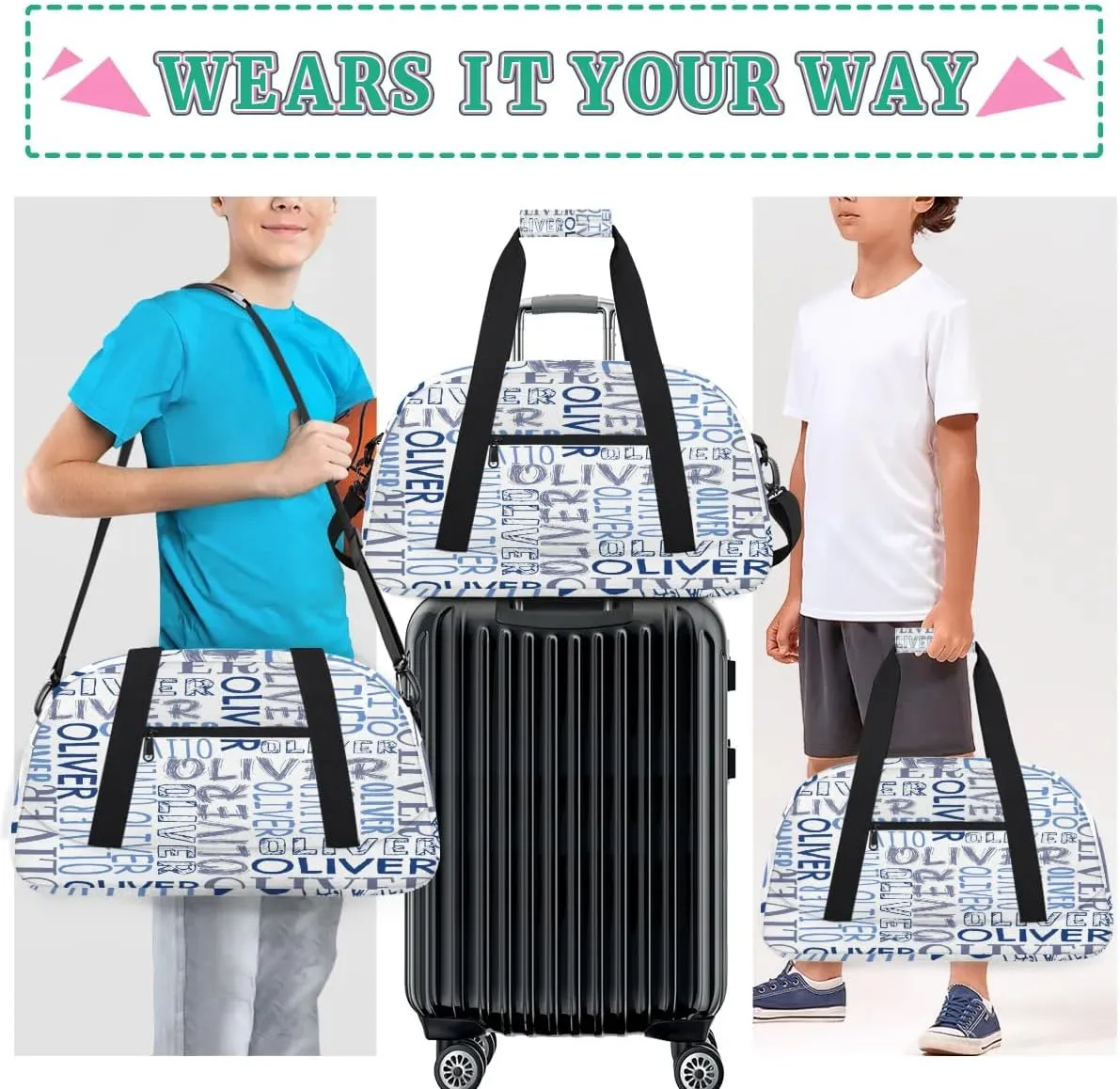 Personalized Dance Bag Duffel Bag for Girl, Custom Sport Gym Bag for Boy, Ballet Bag Weekender Bags Travel Duffel Bag Gift for Kids Blue Text White