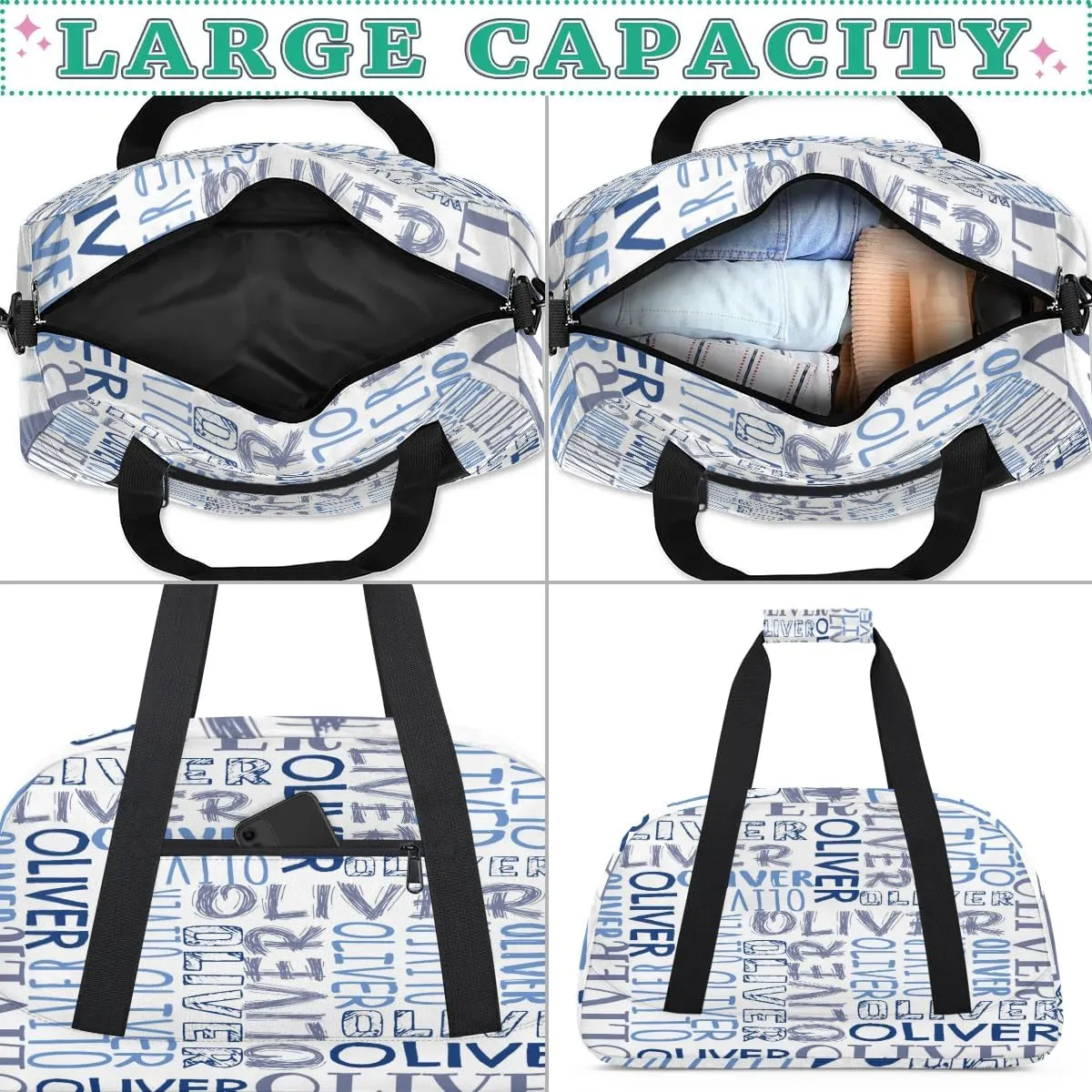 Personalized Dance Bag Duffel Bag for Girl, Custom Sport Gym Bag for Boy, Ballet Bag Weekender Bags Travel Duffel Bag Gift for Kids Blue Text White