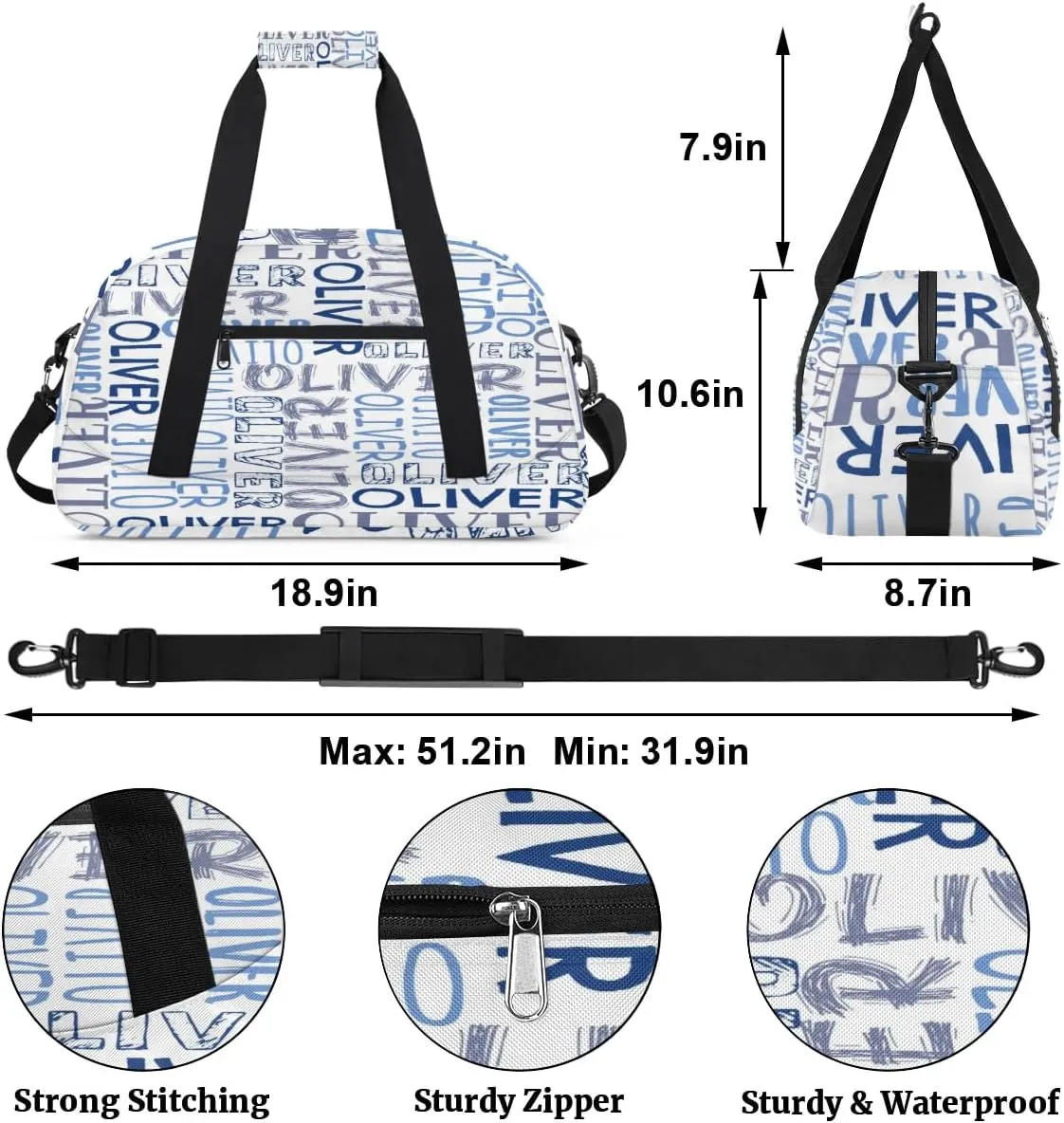 Personalized Dance Bag Duffel Bag for Girl, Custom Sport Gym Bag for Boy, Ballet Bag Weekender Bags Travel Duffel Bag Gift for Kids Blue Text White