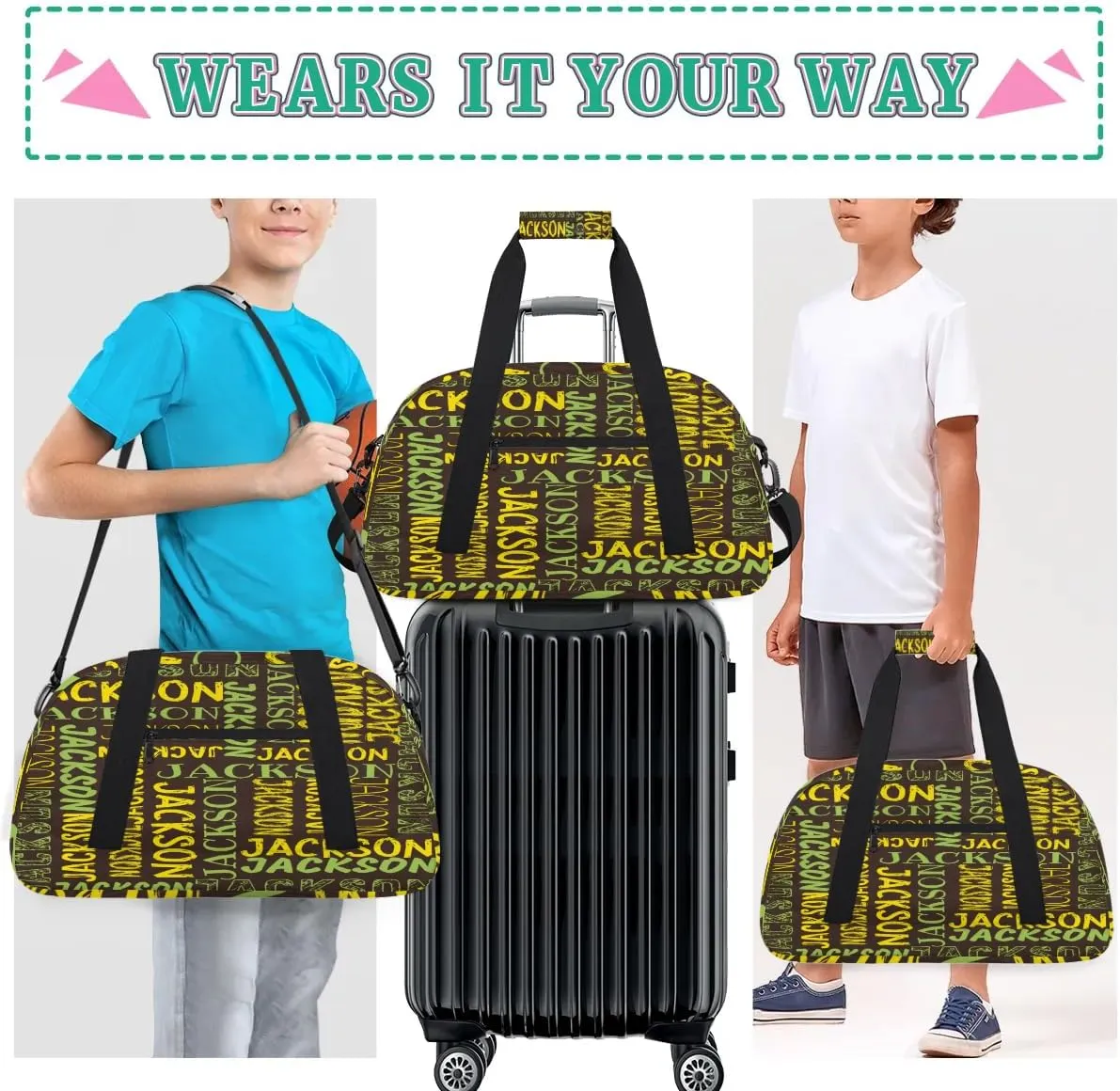 Personalized Dance Bag Duffel Bag for Girl, Custom Sport Gym Bag for Boy, Ballet Bag Weekender Bags Travel Duffel Bag Gift for Kids Green Yellow Brown