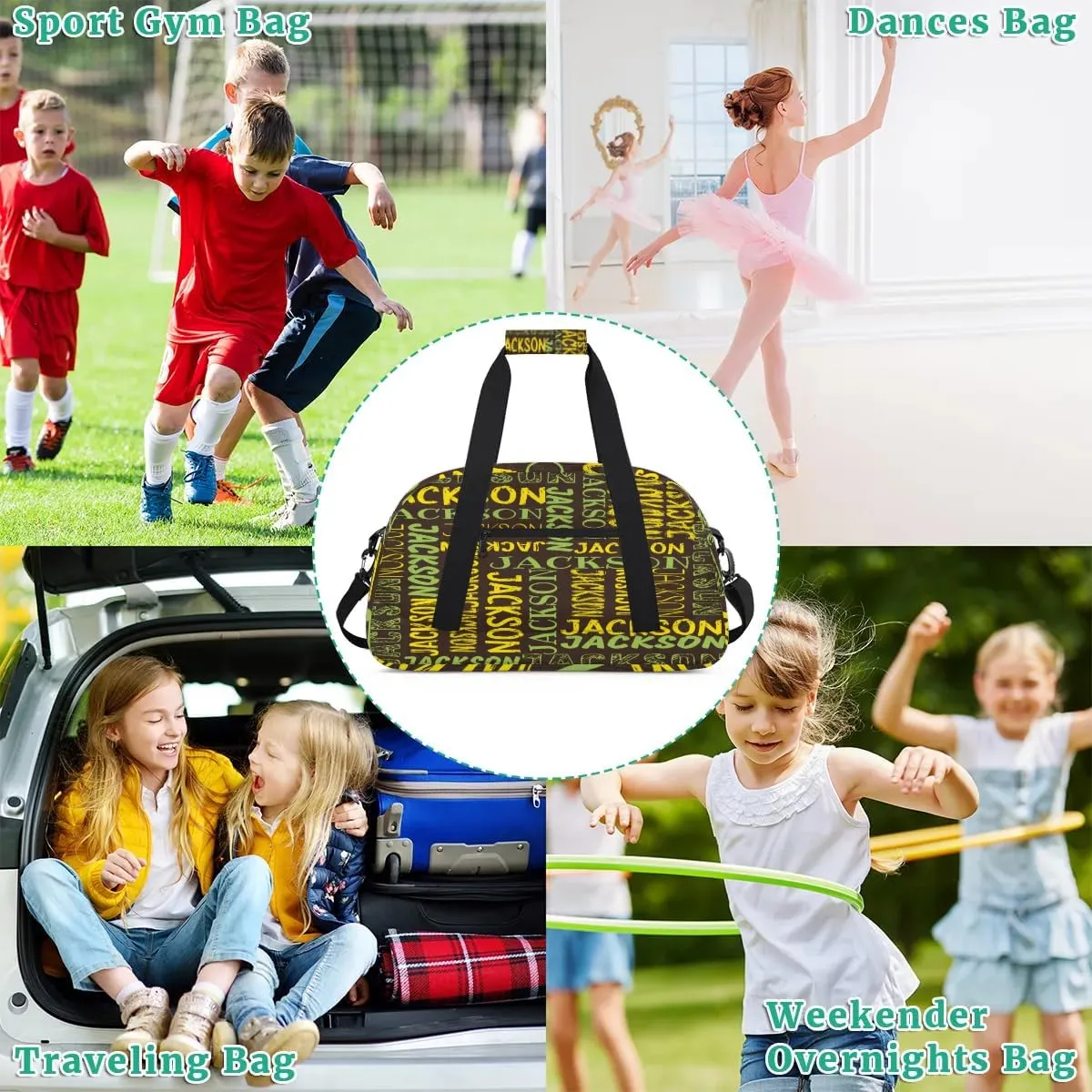 Personalized Dance Bag Duffel Bag for Girl, Custom Sport Gym Bag for Boy, Ballet Bag Weekender Bags Travel Duffel Bag Gift for Kids Green Yellow Brown