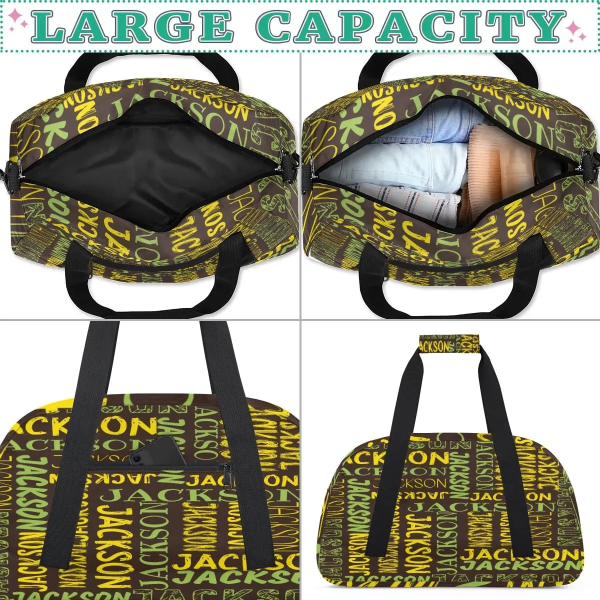 Personalized Dance Bag Duffel Bag for Girl, Custom Sport Gym Bag for Boy, Ballet Bag Weekender Bags Travel Duffel Bag Gift for Kids Green Yellow Brown