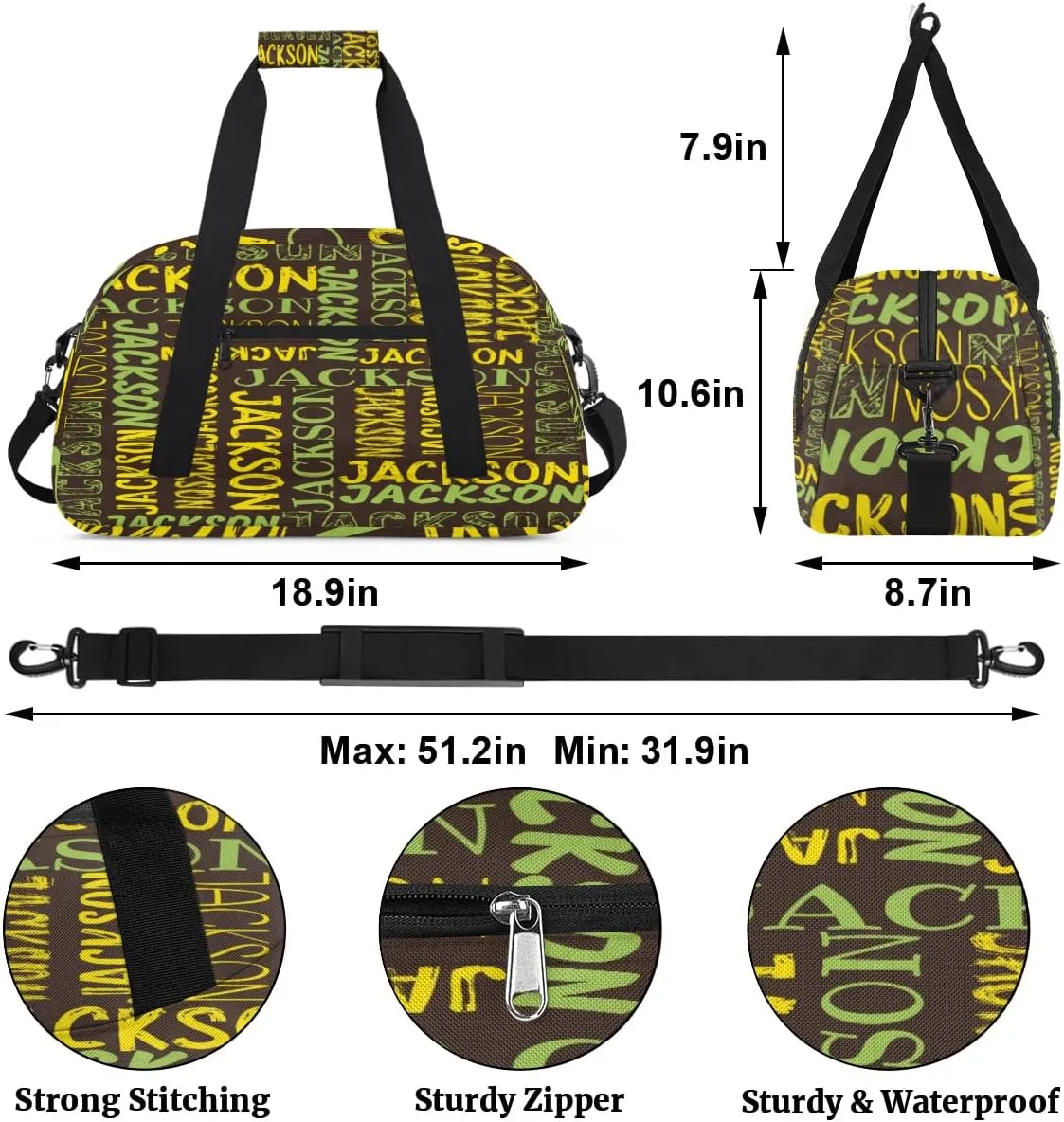 Personalized Dance Bag Duffel Bag for Girl, Custom Sport Gym Bag for Boy, Ballet Bag Weekender Bags Travel Duffel Bag Gift for Kids Green Yellow Brown