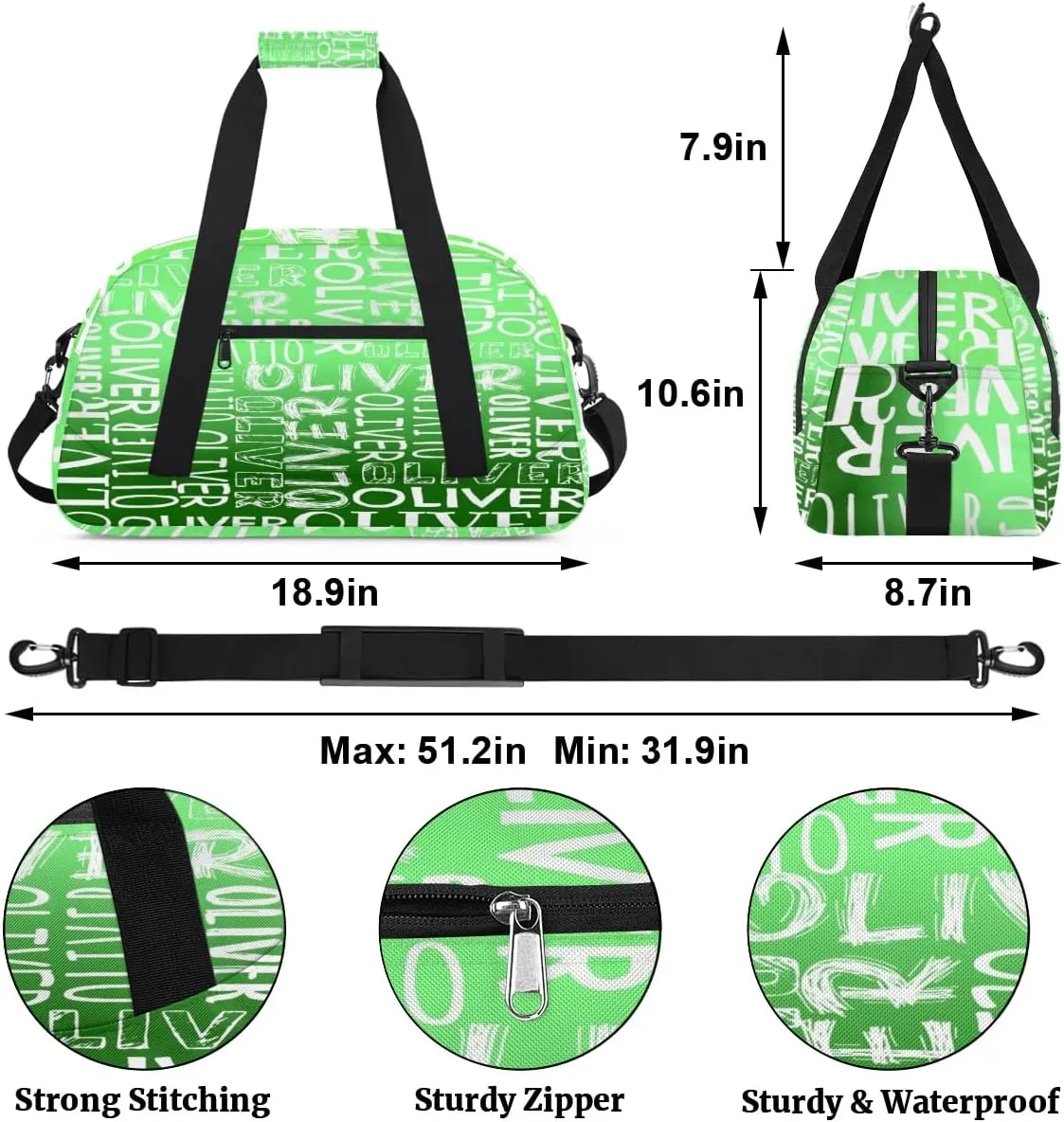 Personalized Dance Bag Duffel Bag for Girl, Custom Sport Gym Bag for Boy, Ballet Bag Weekender Bags Travel Duffel Bag Gift for Kids White Text Gradation Green