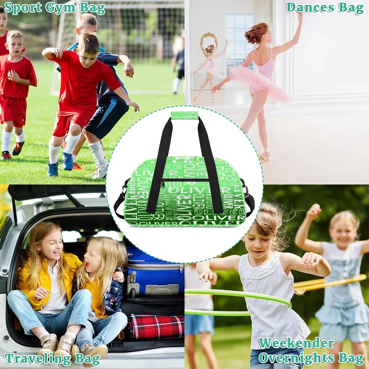 Personalized Dance Bag Duffel Bag for Girl, Custom Sport Gym Bag for Boy, Ballet Bag Weekender Bags Travel Duffel Bag Gift for Kids White Text Gradation Green