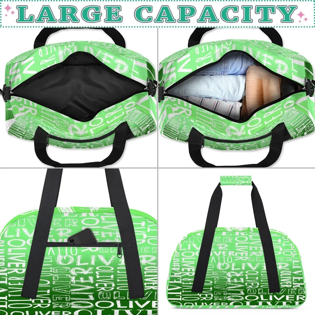 Personalized Dance Bag Duffel Bag for Girl, Custom Sport Gym Bag for Boy, Ballet Bag Weekender Bags Travel Duffel Bag Gift for Kids White Text Gradation Green