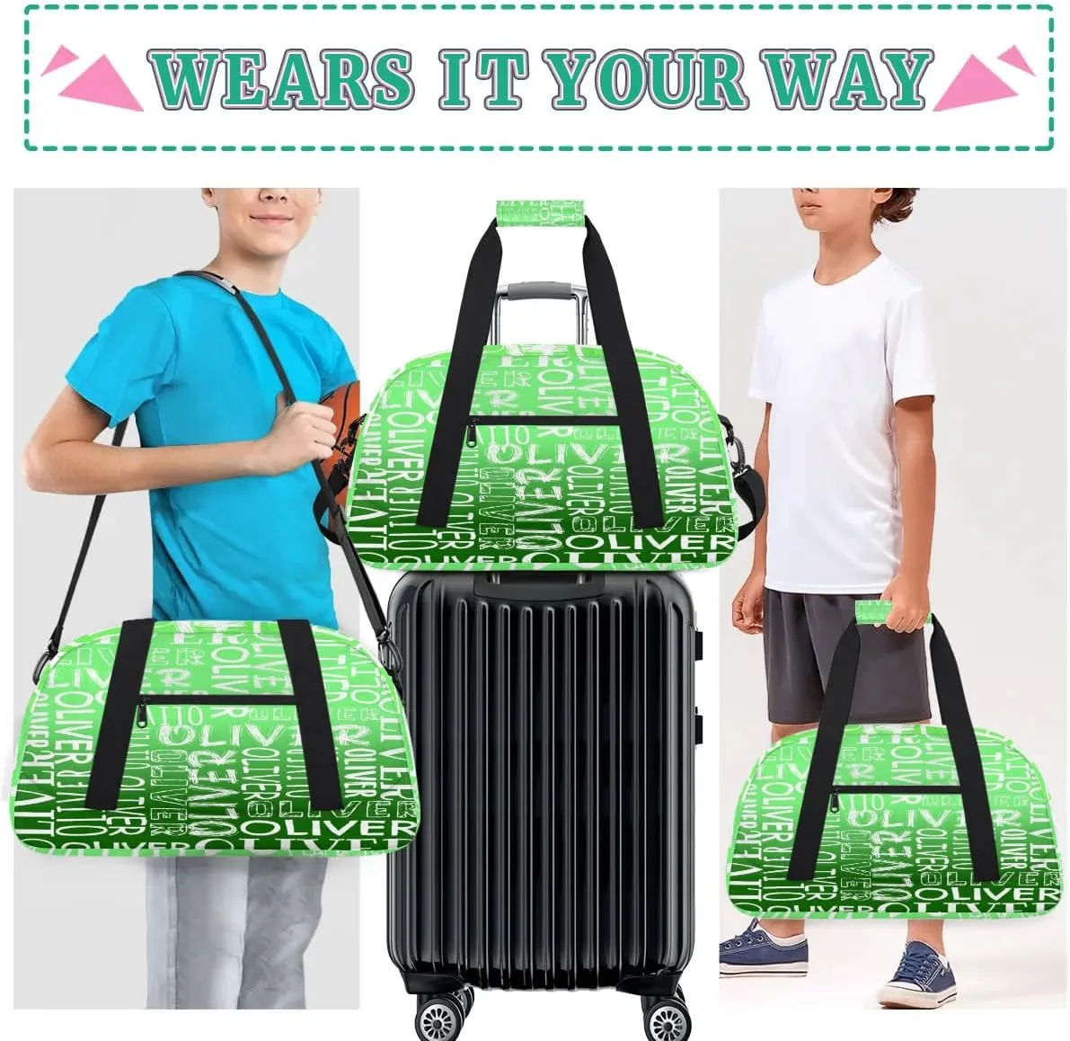 Personalized Dance Bag Duffel Bag for Girl, Custom Sport Gym Bag for Boy, Ballet Bag Weekender Bags Travel Duffel Bag Gift for Kids White Text Gradation Green