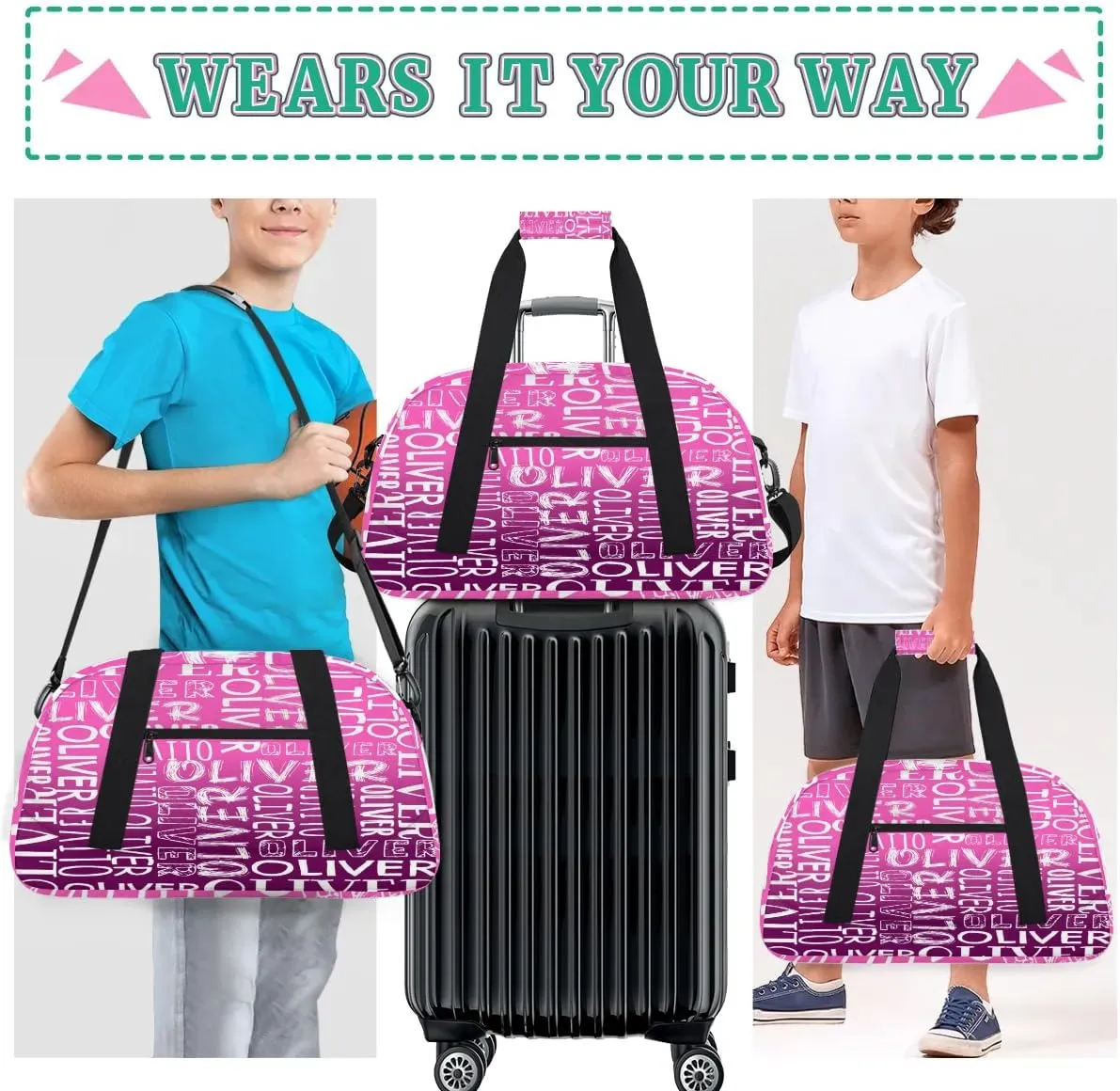 Personalized Dance Bag Duffel Bag for Girl, Custom Sport Gym Bag for Boy, Ballet Bag Weekender Bags Travel Duffel Bag Gift for Kids White Text Gradation Pink