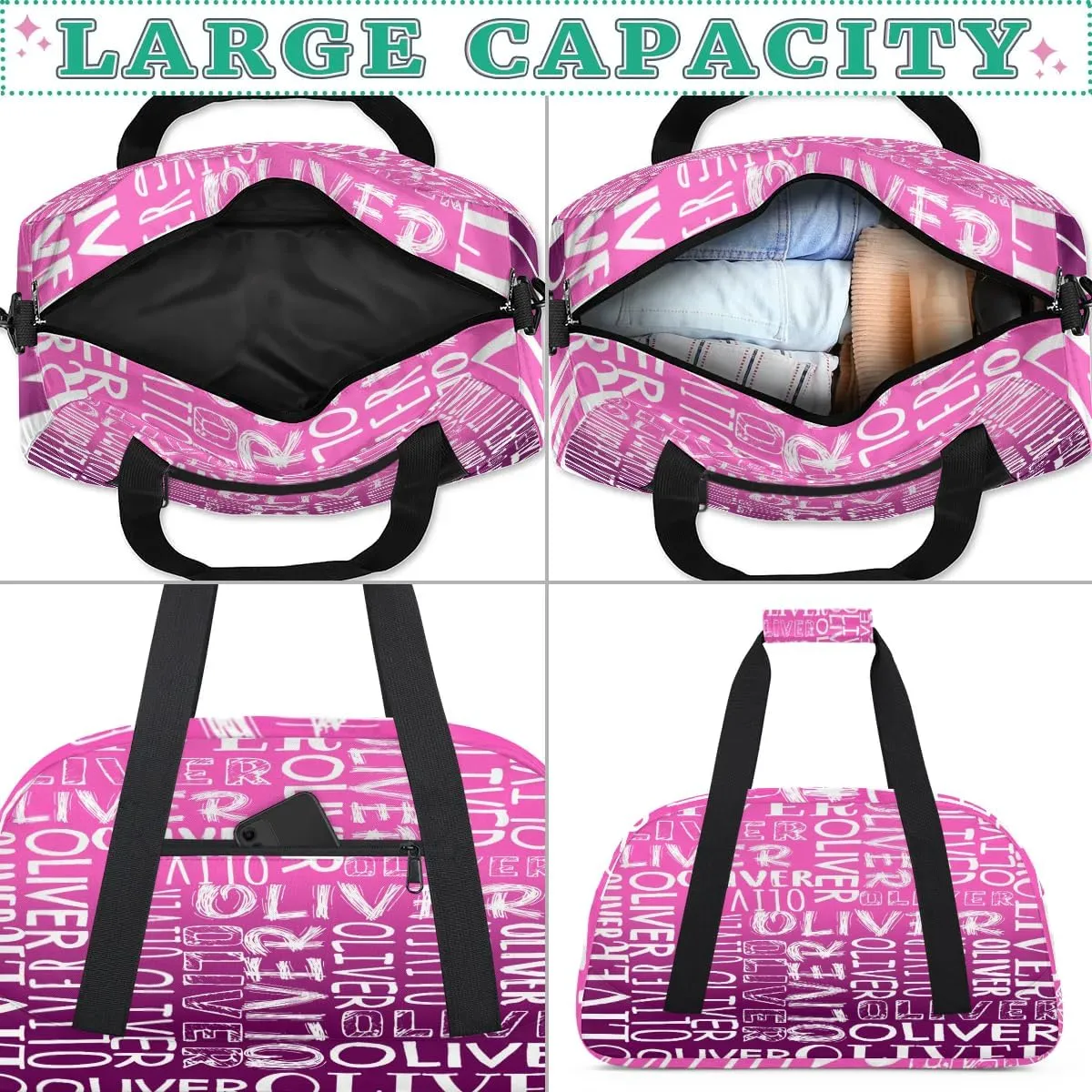 Personalized Dance Bag Duffel Bag for Girl, Custom Sport Gym Bag for Boy, Ballet Bag Weekender Bags Travel Duffel Bag Gift for Kids White Text Gradation Pink