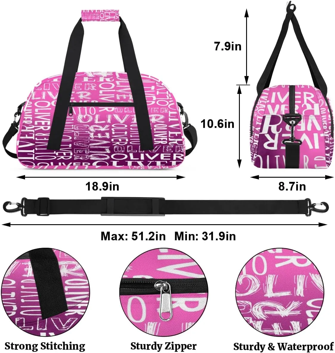 Personalized Dance Bag Duffel Bag for Girl, Custom Sport Gym Bag for Boy, Ballet Bag Weekender Bags Travel Duffel Bag Gift for Kids White Text Gradation Pink