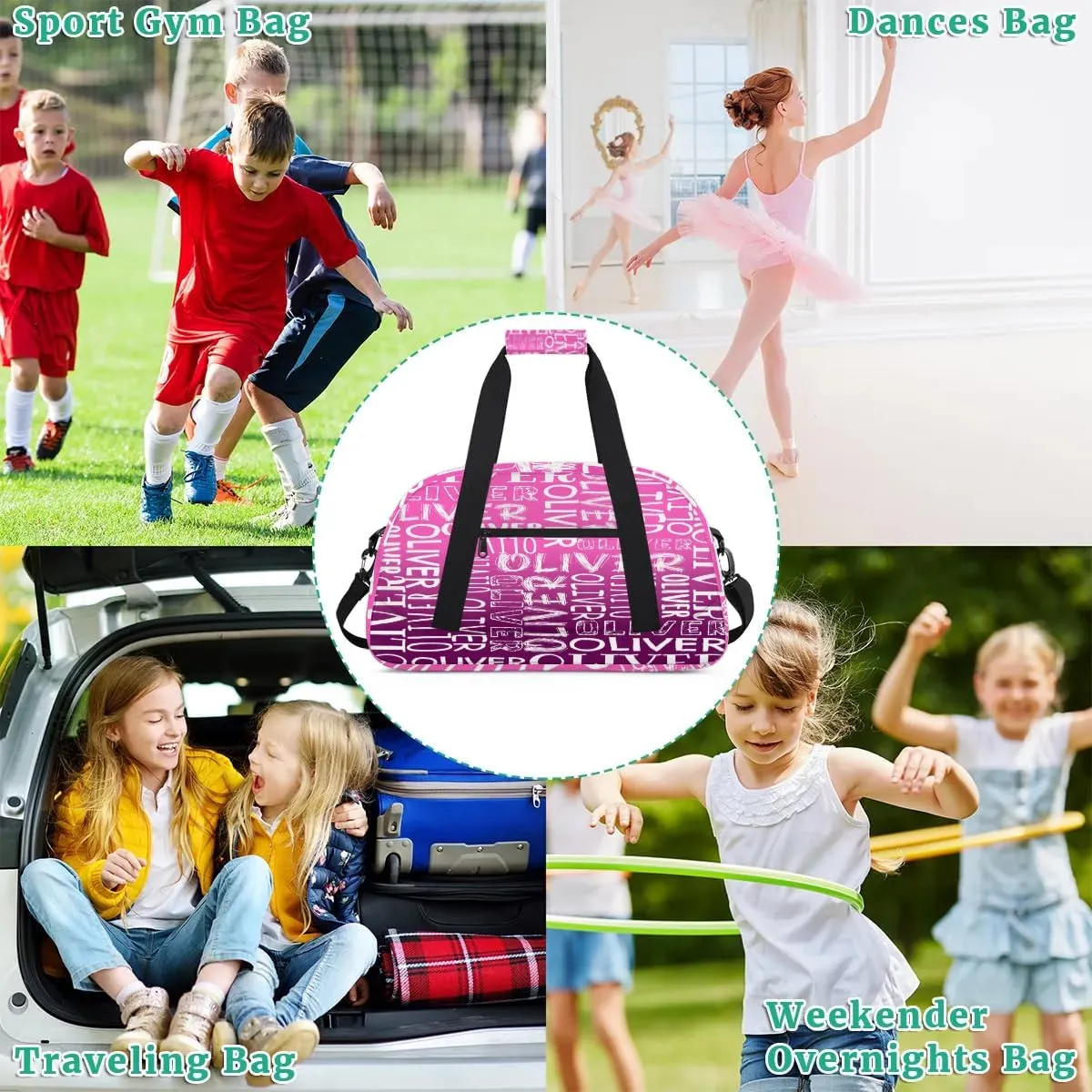Personalized Dance Bag Duffel Bag for Girl, Custom Sport Gym Bag for Boy, Ballet Bag Weekender Bags Travel Duffel Bag Gift for Kids White Text Gradation Pink