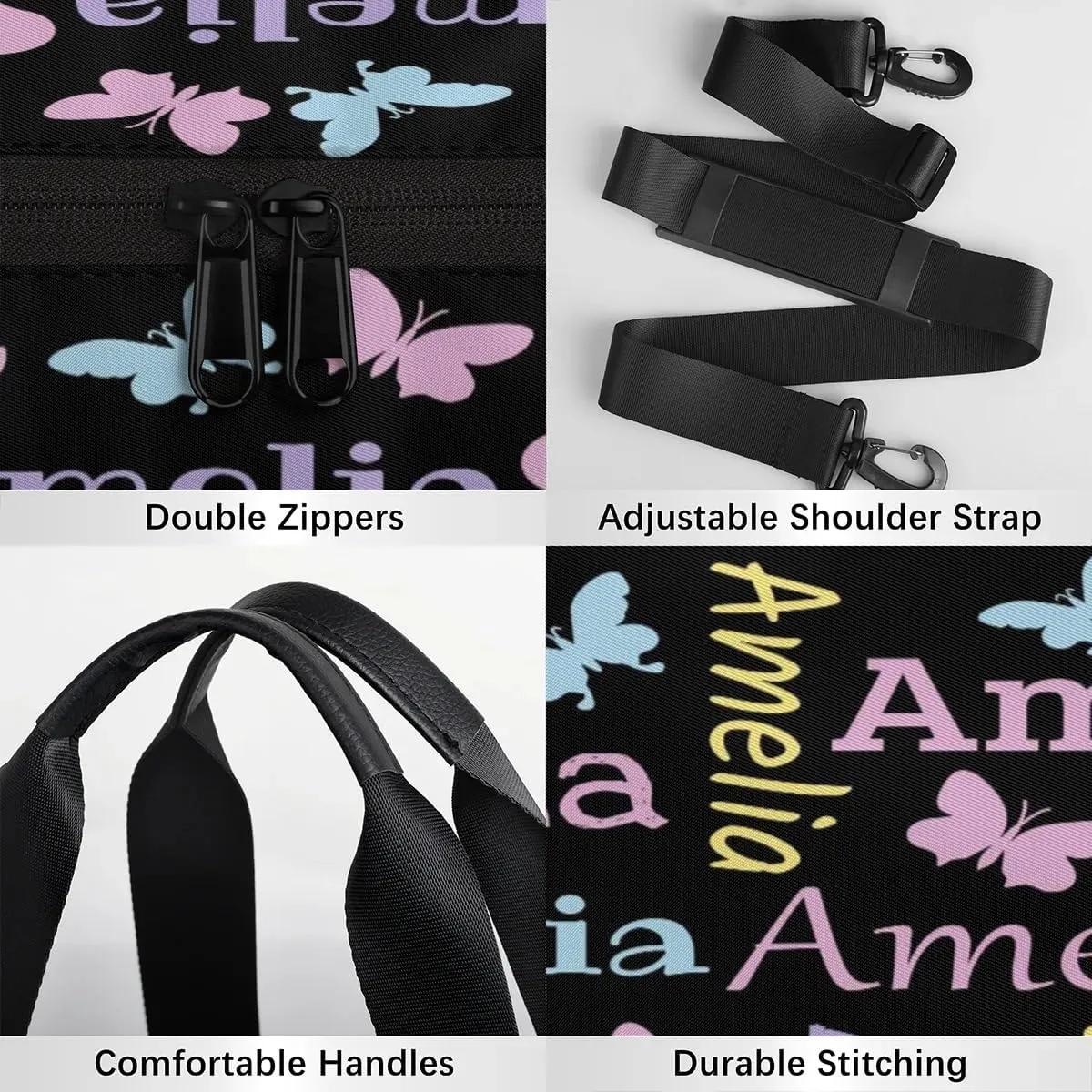 Personalized Dance Bag Duffle Bag for Girl, Custom Gym Bag Gymnastics Sport Travel Bag Weekender Bags with Adjustable Butterfly Black