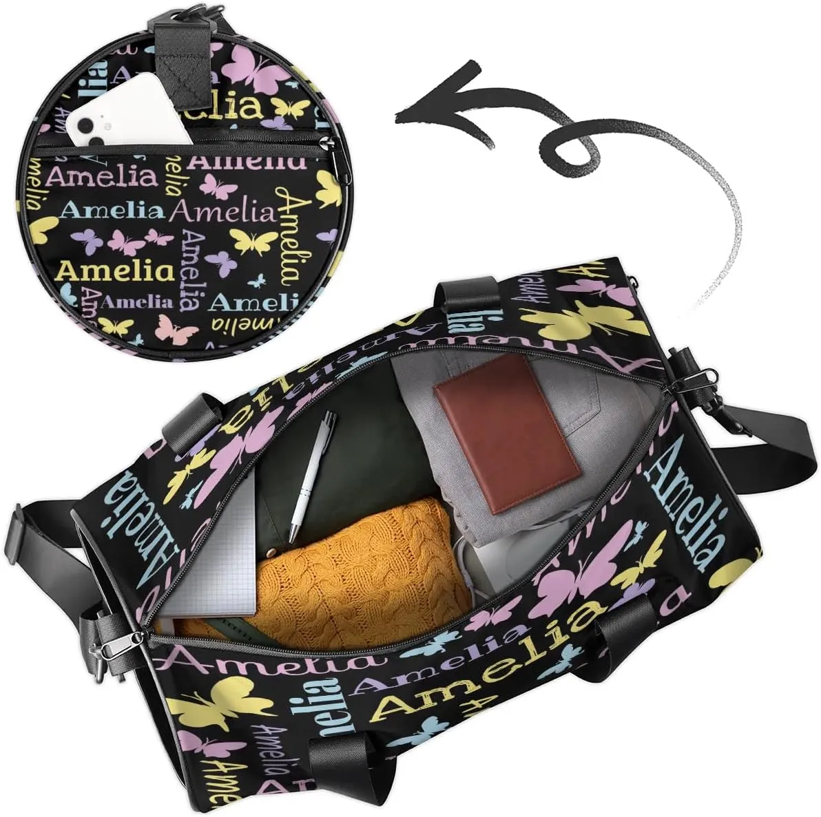 Personalized Dance Bag Duffle Bag for Girl, Custom Gym Bag Gymnastics Sport Travel Bag Weekender Bags with Adjustable Butterfly Black