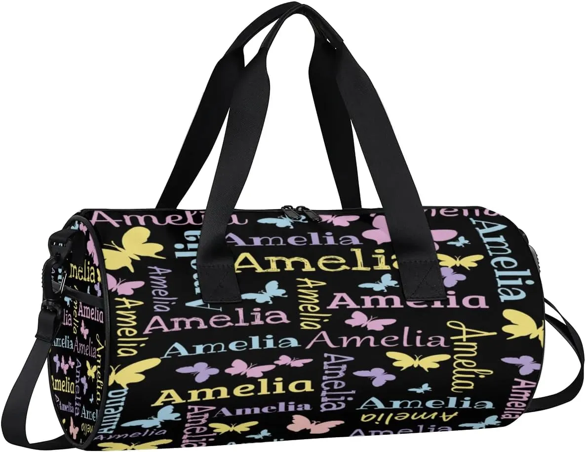 Personalized Dance Bag Duffle Bag for Girl, Custom Gym Bag Gymnastics Sport Travel Bag Weekender Bags with Adjustable Butterfly Black