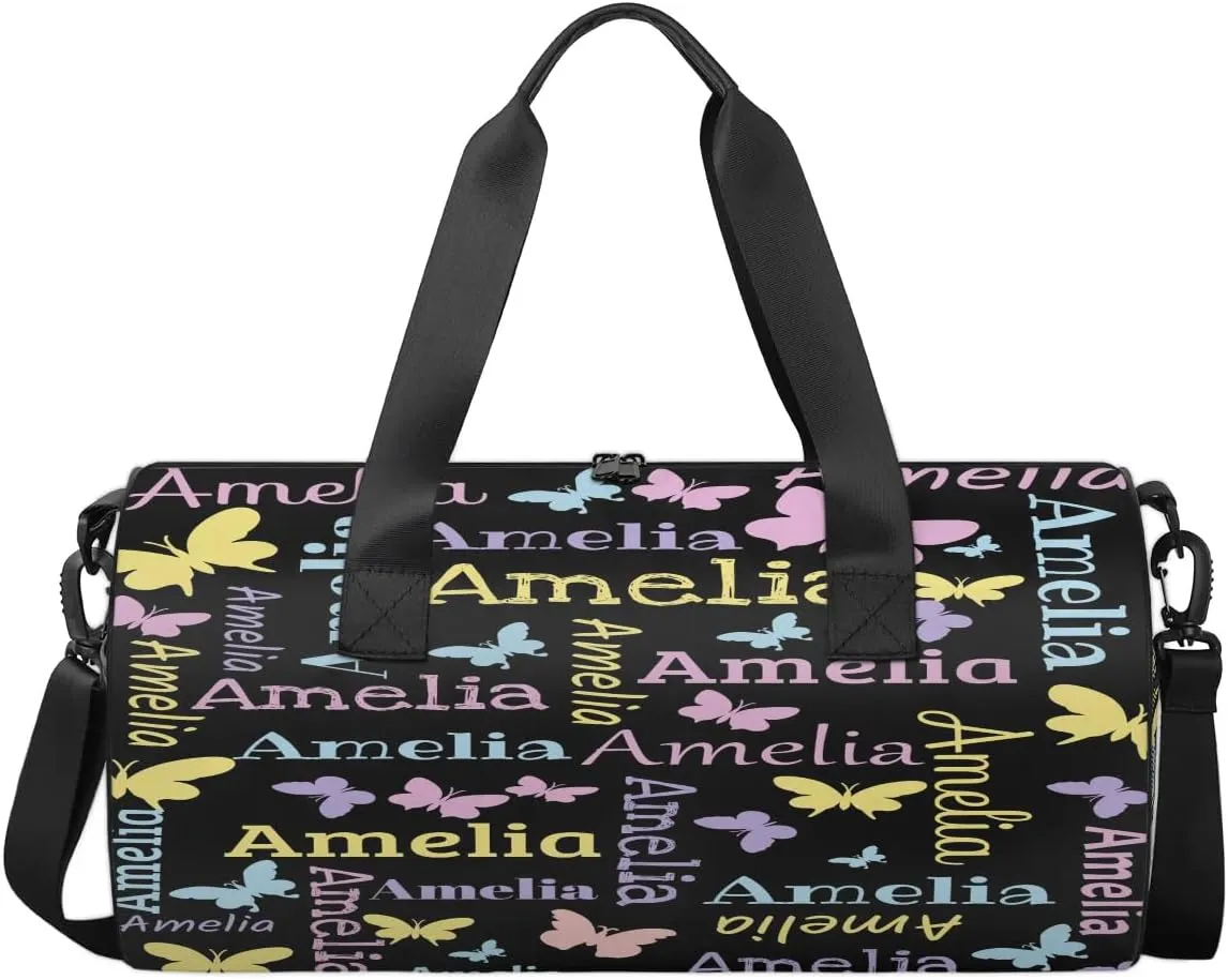 Personalized Dance Bag Duffle Bag for Girl, Custom Gym Bag Gymnastics Sport Travel Bag Weekender Bags with Adjustable Butterfly Black
