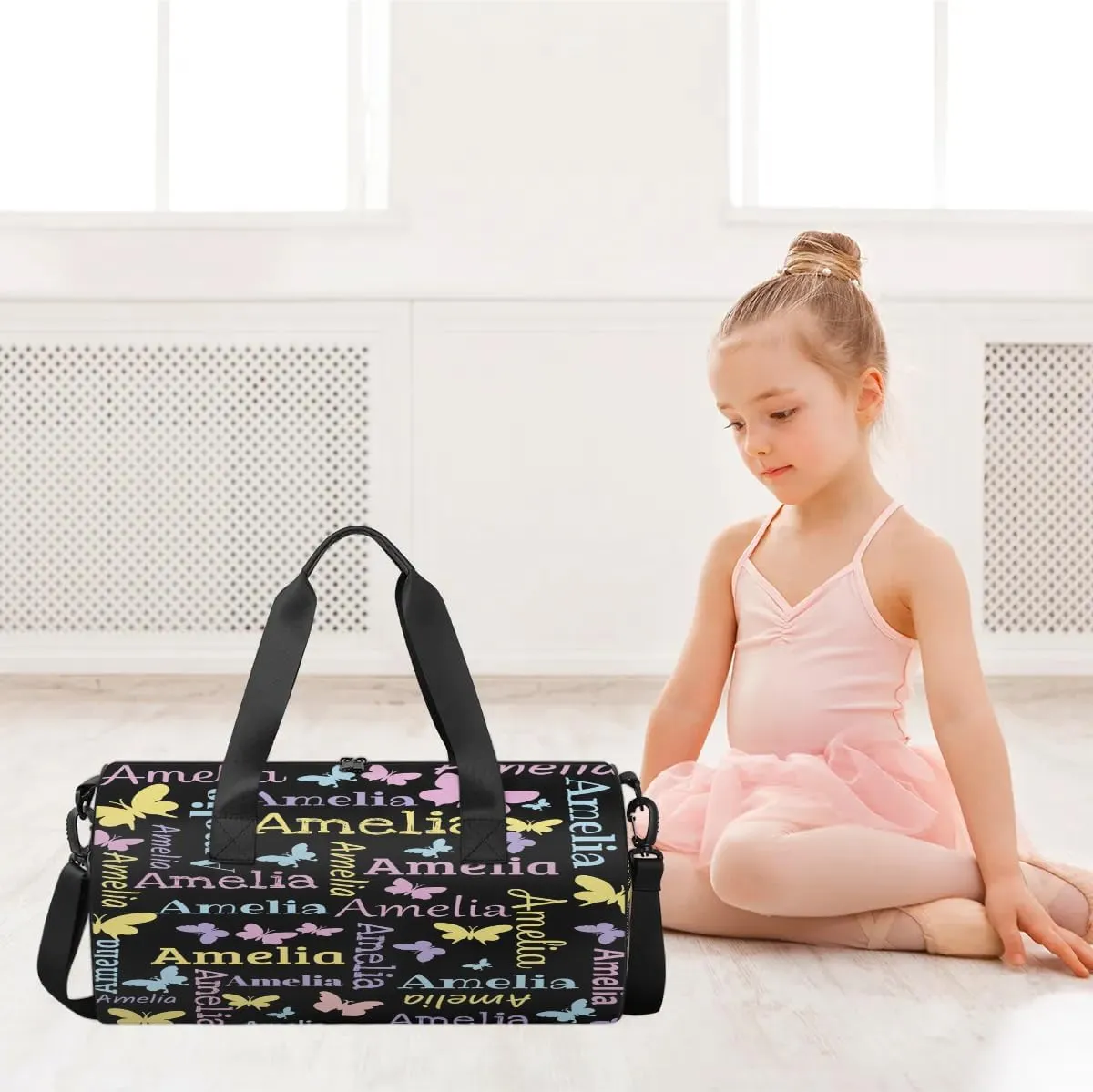 Personalized Dance Bag Duffle Bag for Girl, Custom Gym Bag Gymnastics Sport Travel Bag Weekender Bags with Adjustable Butterfly Black