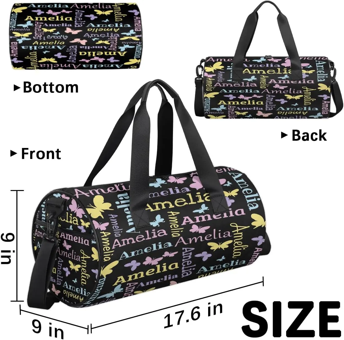 Personalized Dance Bag Duffle Bag for Girl, Custom Gym Bag Gymnastics Sport Travel Bag Weekender Bags with Adjustable Butterfly Black