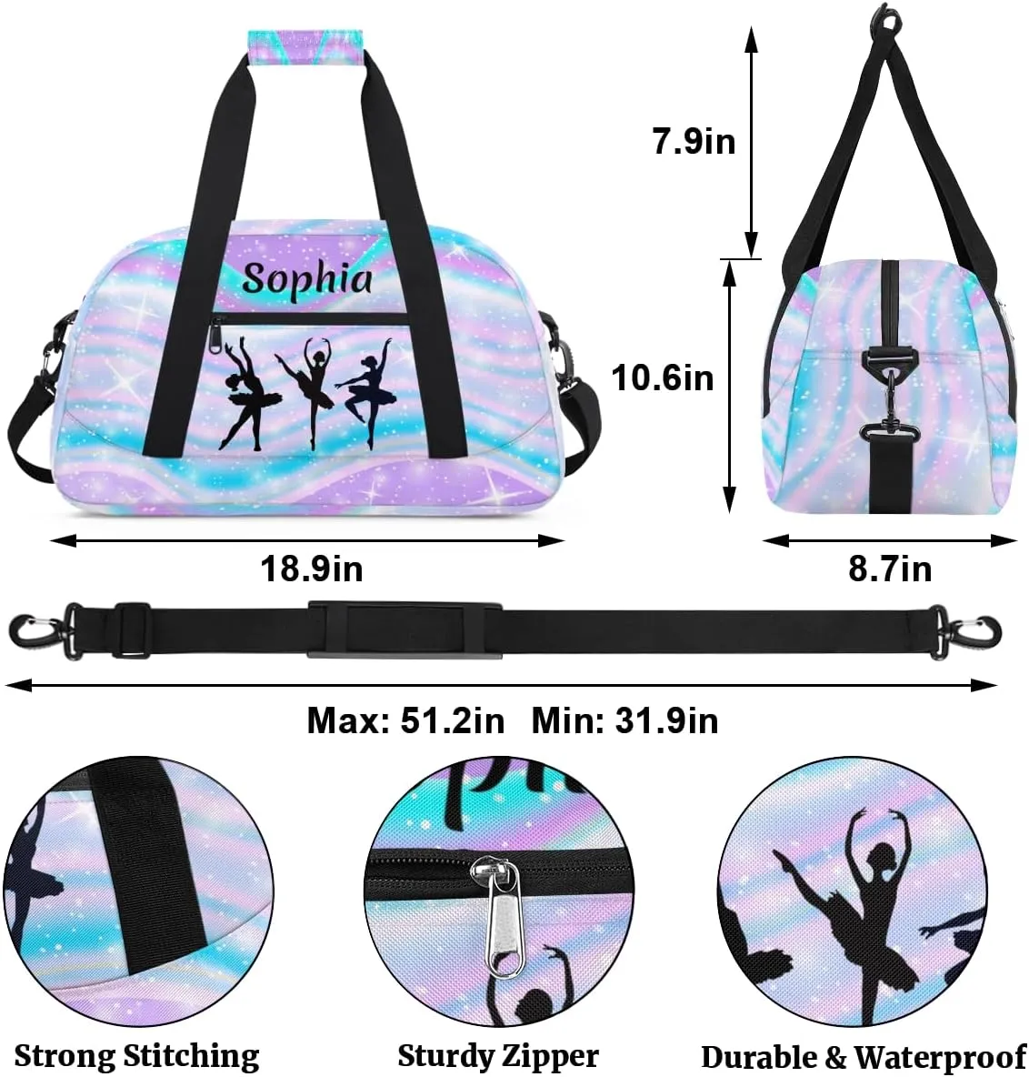 Personalized Dance Bag Girl Sport Duffel Bag, Custom Kids Gym Bag, Rainbow Blue Purple Customize Travel Duffle Bag with Name, Overnight Weekender Bags, Dance Gifts