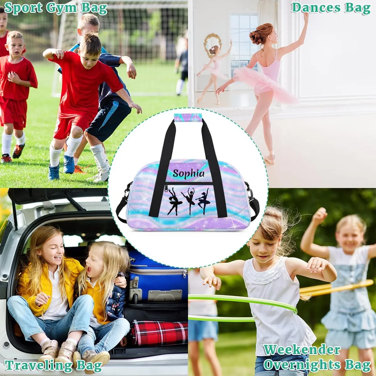Personalized Dance Bag Girl Sport Duffel Bag, Custom Kids Gym Bag, Rainbow Blue Purple Customize Travel Duffle Bag with Name, Overnight Weekender Bags, Dance Gifts