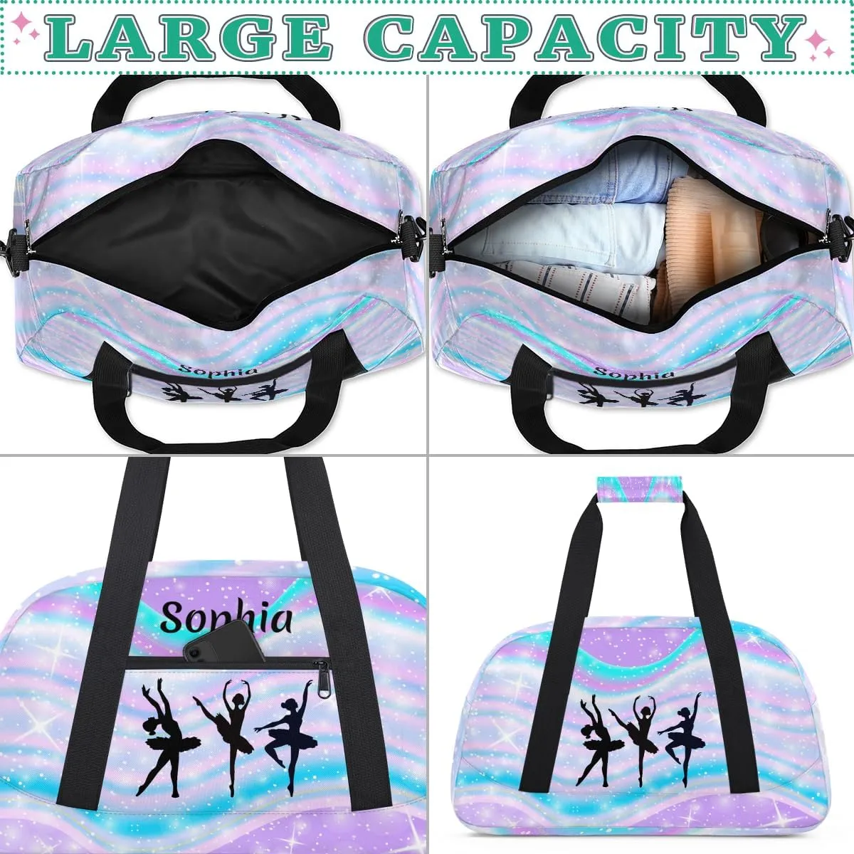 Personalized Dance Bag Girl Sport Duffel Bag, Custom Kids Gym Bag, Rainbow Blue Purple Customize Travel Duffle Bag with Name, Overnight Weekender Bags, Dance Gifts