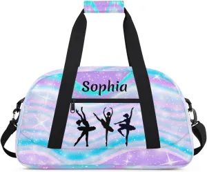 Personalized Dance Bag Girl Sport Duffel Bag, Custom Kids Gym Bag, Rainbow Blue Purple Customize Travel Duffle Bag with Name, Overnight Weekender Bags, Dance Gifts