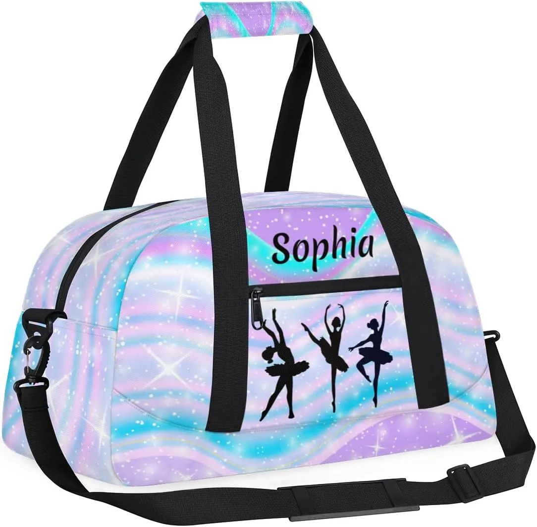 Personalized Dance Bag Girl Sport Duffel Bag, Custom Kids Gym Bag, Rainbow Blue Purple Customize Travel Duffle Bag with Name, Overnight Weekender Bags, Dance Gifts