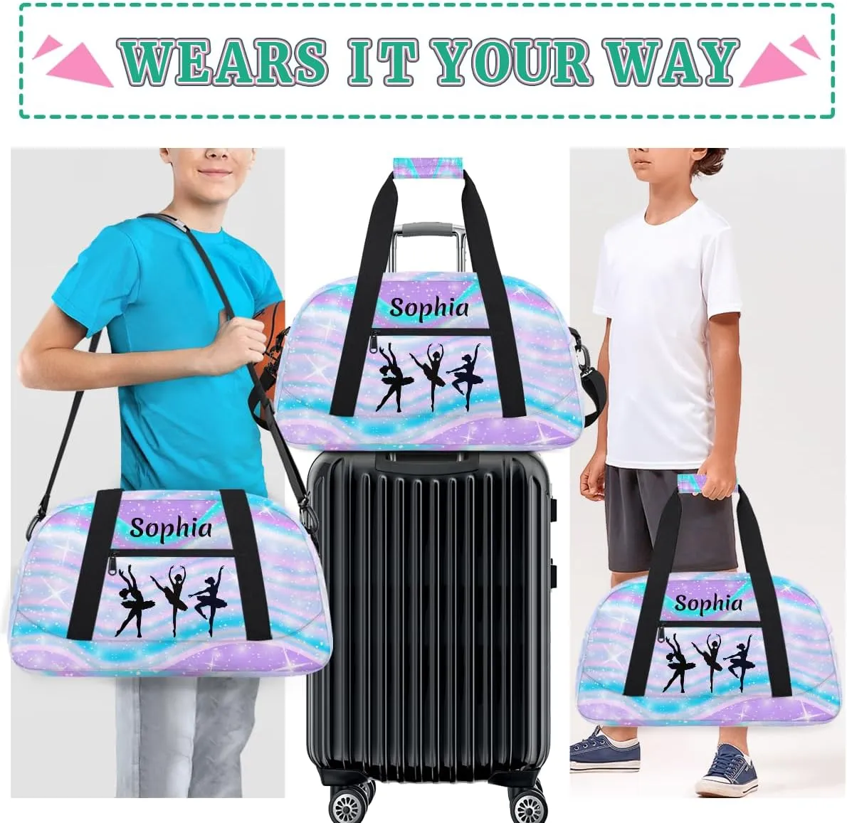 Personalized Dance Bag Girl Sport Duffel Bag, Custom Kids Gym Bag, Rainbow Blue Purple Customize Travel Duffle Bag with Name, Overnight Weekender Bags, Dance Gifts