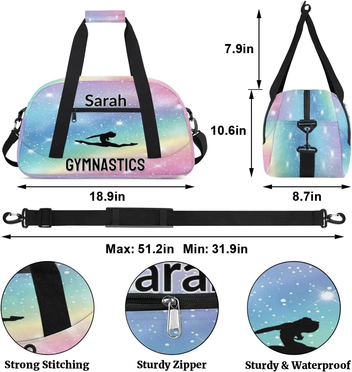 Personalized Dance Bag Gym Bag, Custom Gymnastics Sports Duffel Bags Weekender Bags Travel Duffel Bag Custom Neme Gymnastics Ballet Bag Gradient Sparkle
