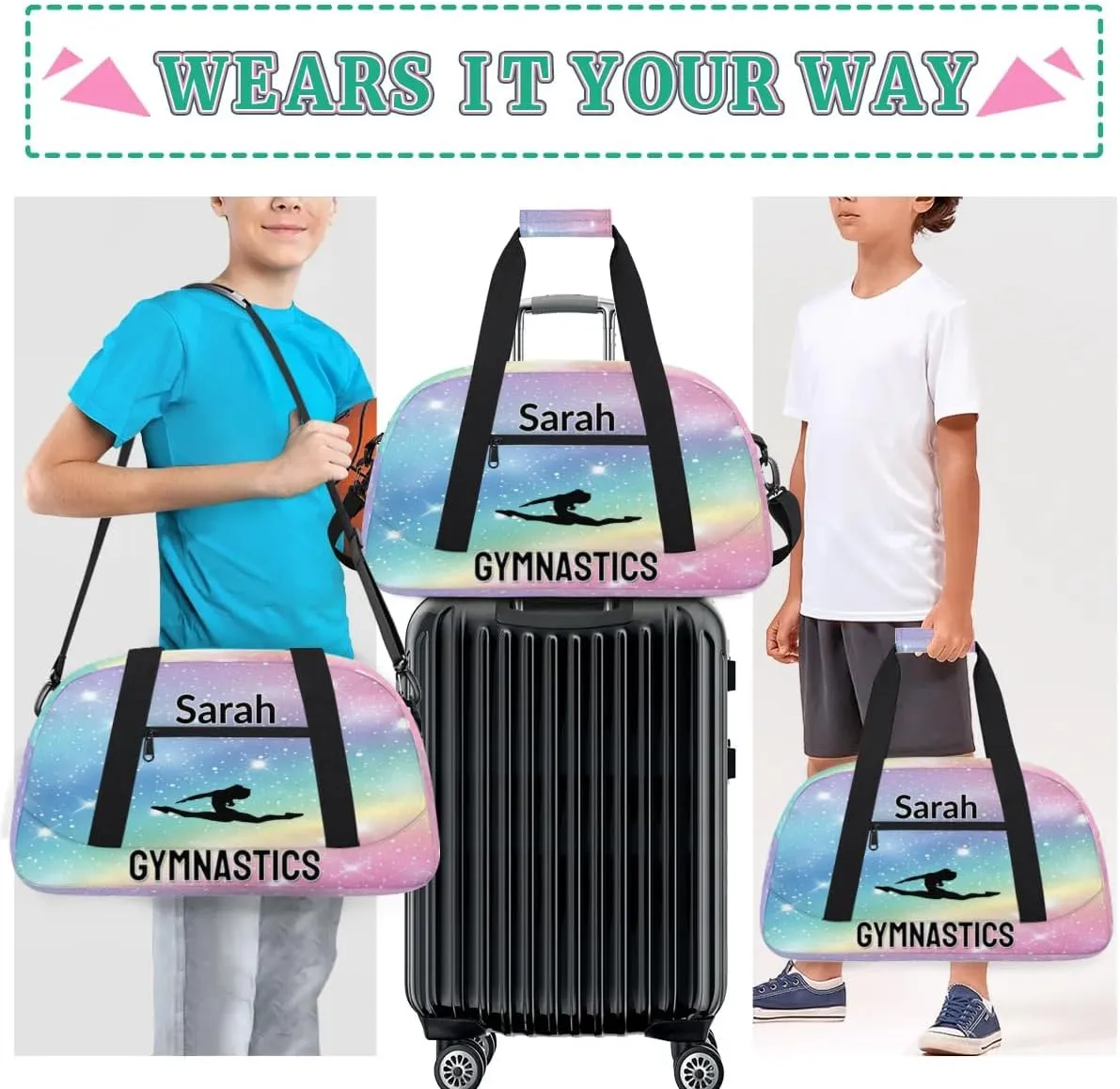 Personalized Dance Bag Gym Bag, Custom Gymnastics Sports Duffel Bags Weekender Bags Travel Duffel Bag Custom Neme Gymnastics Ballet Bag Gradient Sparkle