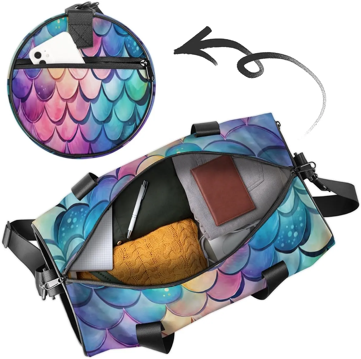 Personalized Dance Bag Gym Bag for Boys Girls, Personalized Custom Sports Gym Bag, Cylindrical Kids Travel Duffel Bags Weekender Overnight Bag for Kids Teen, Ocean Mermaid Scales