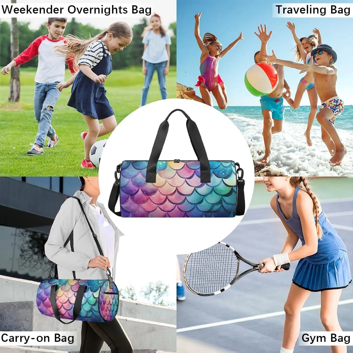 Personalized Dance Bag Gym Bag for Boys Girls, Personalized Custom Sports Gym Bag, Cylindrical Kids Travel Duffel Bags Weekender Overnight Bag for Kids Teen, Ocean Mermaid Scales