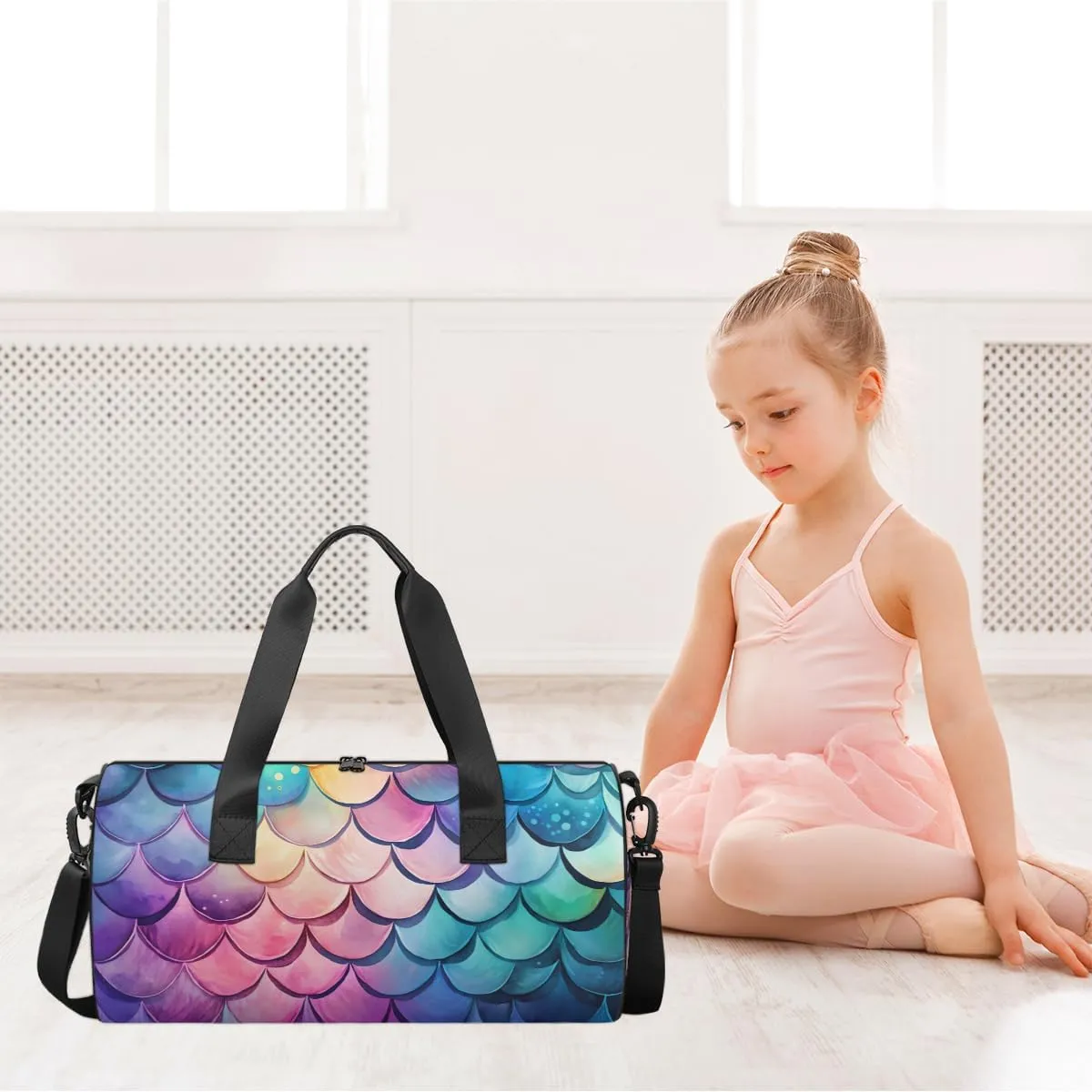 Personalized Dance Bag Gym Bag for Boys Girls, Personalized Custom Sports Gym Bag, Cylindrical Kids Travel Duffel Bags Weekender Overnight Bag for Kids Teen, Ocean Mermaid Scales