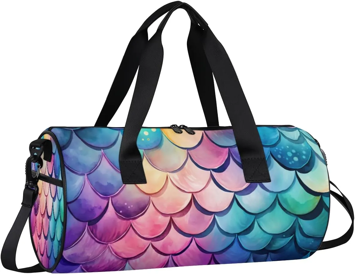 Personalized Dance Bag Gym Bag for Boys Girls, Personalized Custom Sports Gym Bag, Cylindrical Kids Travel Duffel Bags Weekender Overnight Bag for Kids Teen, Ocean Mermaid Scales