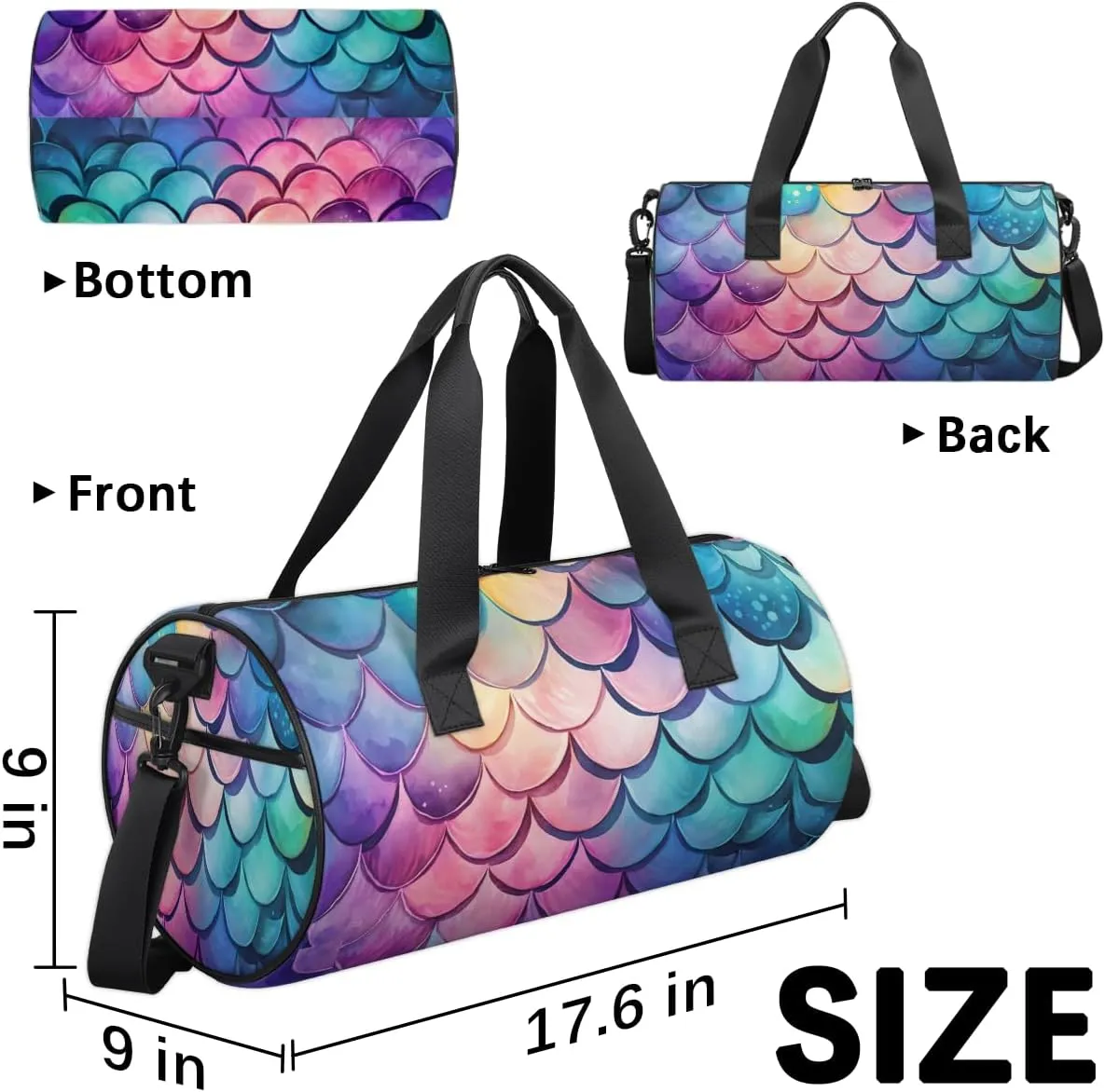 Personalized Dance Bag Gym Bag for Boys Girls, Personalized Custom Sports Gym Bag, Cylindrical Kids Travel Duffel Bags Weekender Overnight Bag for Kids Teen, Ocean Mermaid Scales