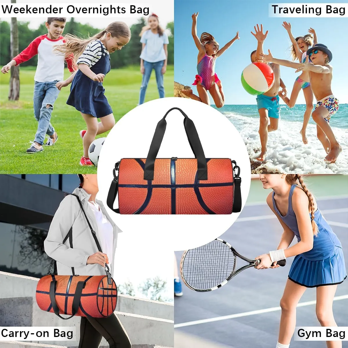 Personalized Dance Bag Gym Bag for Boys Girls, Personalized Custom Sports Gym Bag, Cylindrical Kids Travel Duffel Bags Weekender Overnight Bag for Teen Kids, Sports Ball Basketball Texture