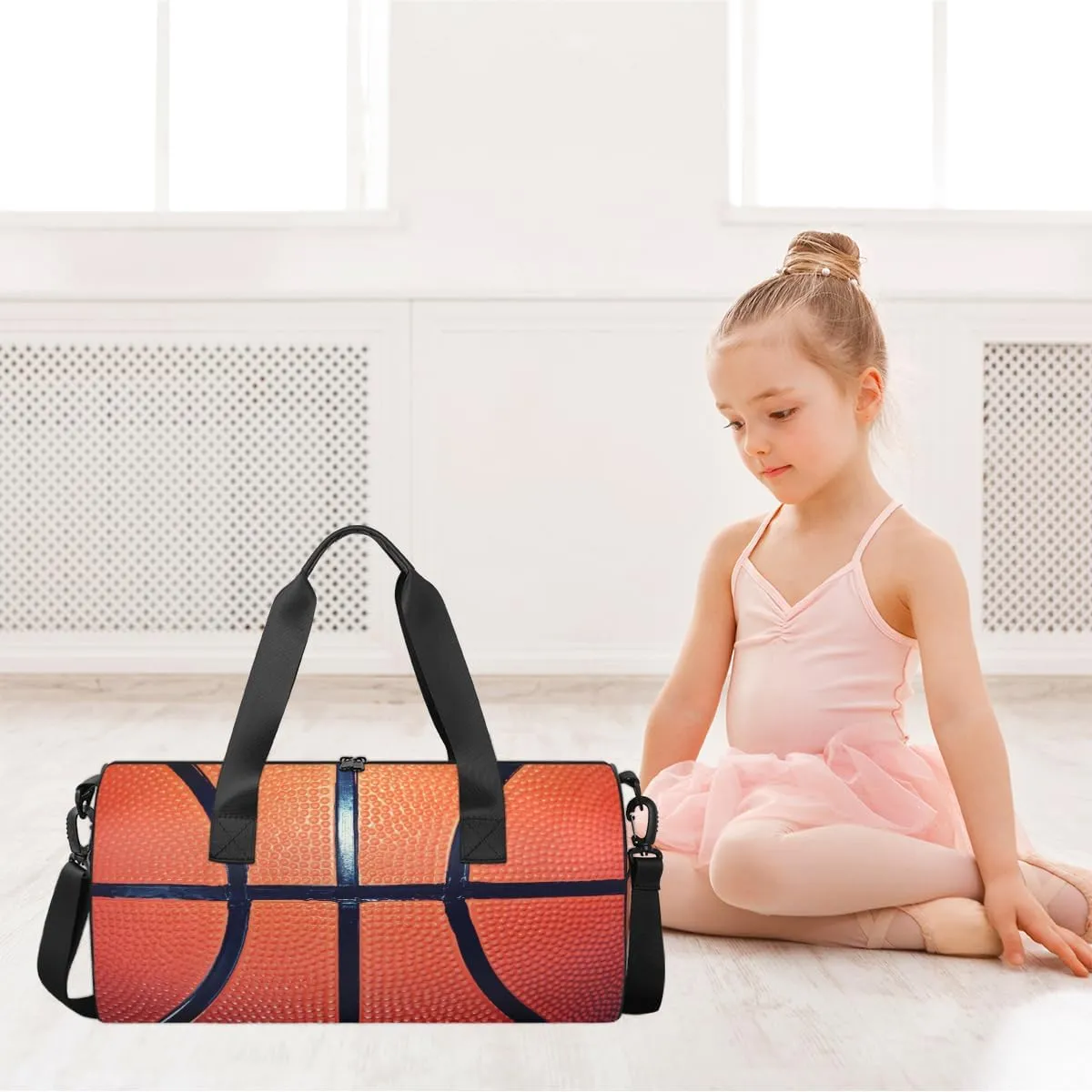 Personalized Dance Bag Gym Bag for Boys Girls, Personalized Custom Sports Gym Bag, Cylindrical Kids Travel Duffel Bags Weekender Overnight Bag for Teen Kids, Sports Ball Basketball Texture